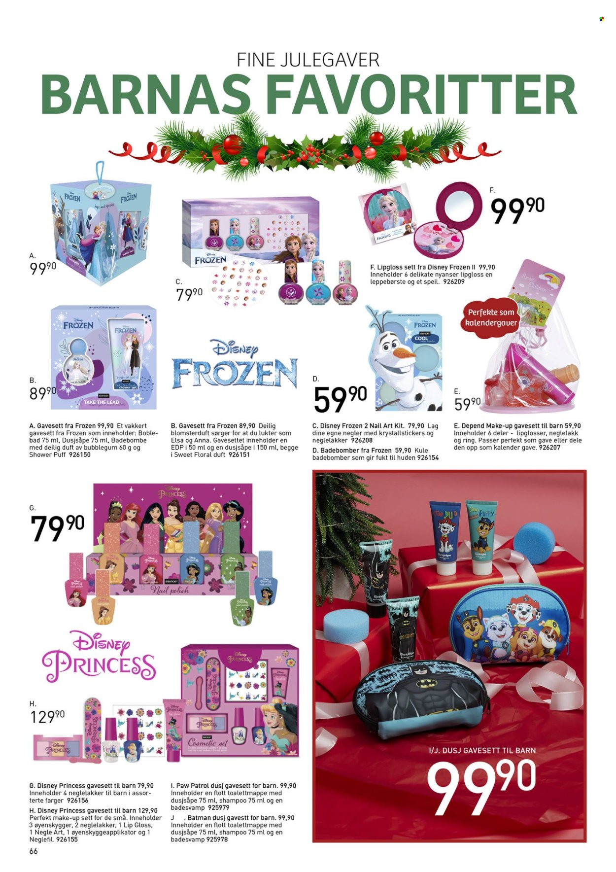 thumbnail - Kundeavis Sparkjøp - Produkter fra tilbudsaviser - Disney, Paw Patrol, Frozen, Batman, Disney Princess, lipgloss, makeup, eau de parfum, polish. Side 66.