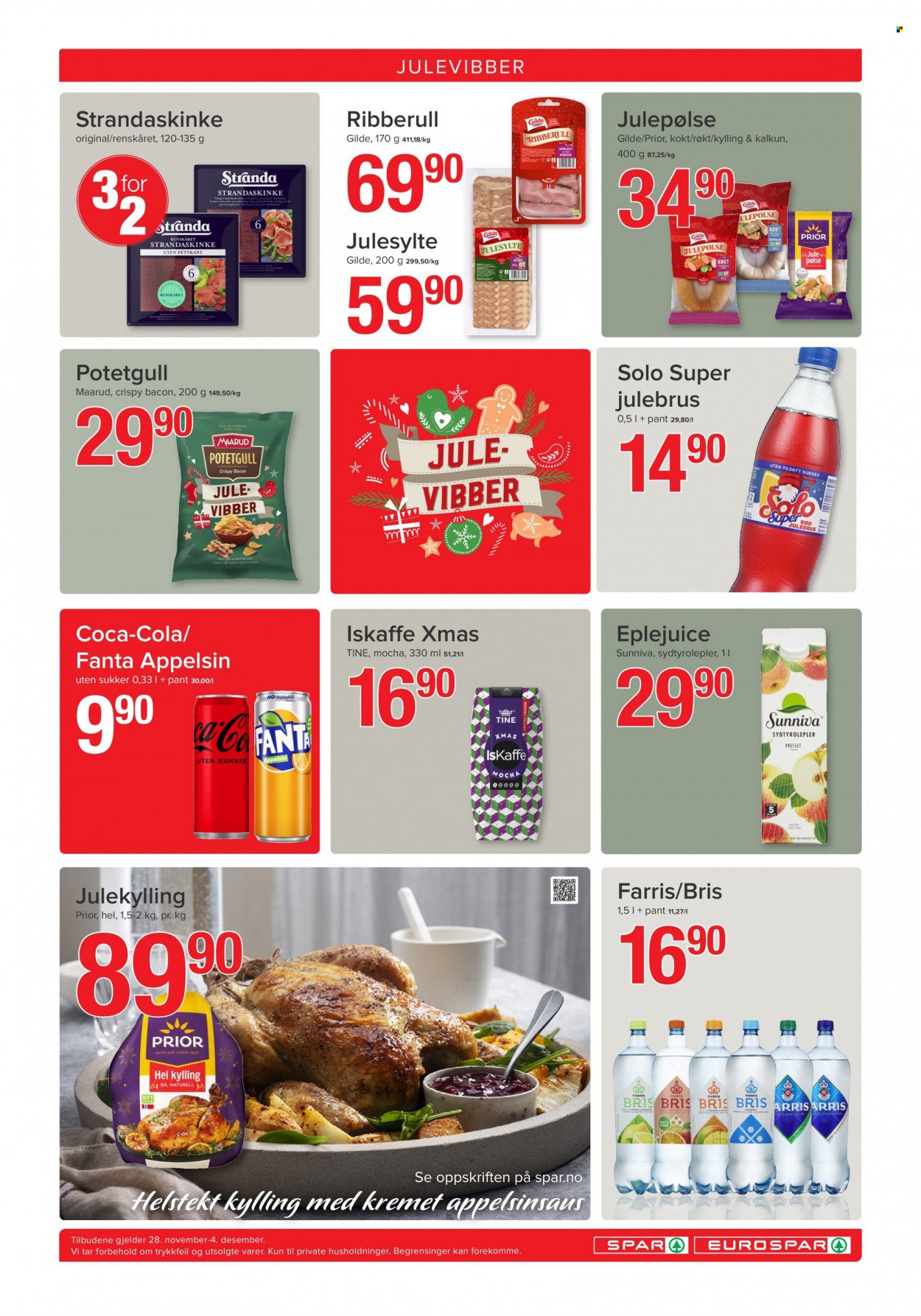 thumbnail - Kundeavis SPAR - 28.11.2022 - 4.12.2022 - Produkter fra tilbudsaviser - hel kylling, kyllingkjøtt, bacon, julepølse, Fanta, Coca-Cola. Side 8.