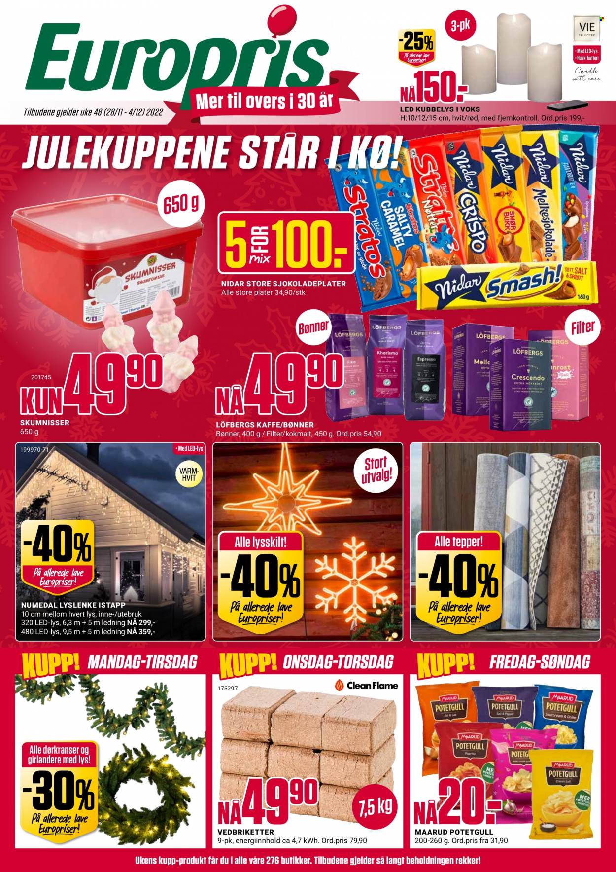 thumbnail - Kundeavis Europris - 28.11.2022 - 4.12.2022 - Produkter fra tilbudsaviser - bønner, batteri, teppe. Side 1.