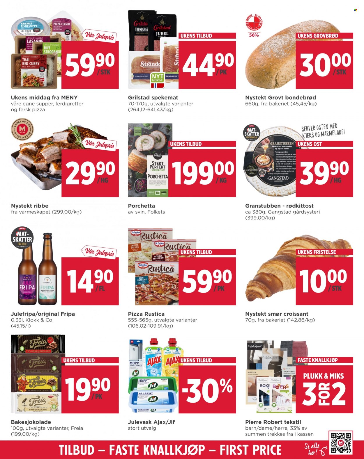 thumbnail - Kundeavis MENY - 28.11.2022 - 3.12.2022 - Produkter fra tilbudsaviser - ribbe, croissants, pizza, nystekt ribbe, spekemat, ost, smør, kjeks, Freia. Side 3.