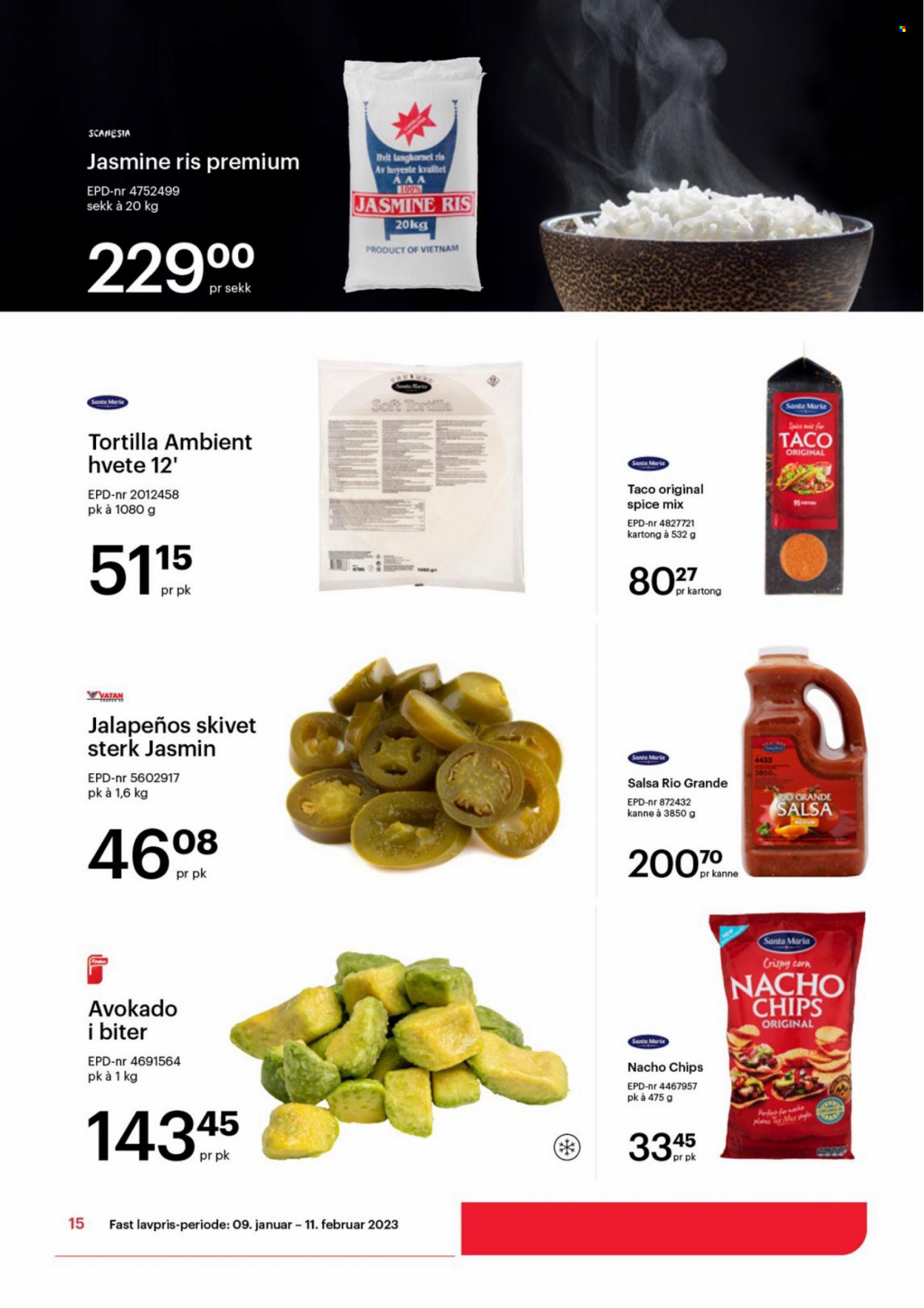 thumbnail - Kundeavis Storcash - 9.1.2023 - 11.2.2023 - Produkter fra tilbudsaviser - avokado, tortilla, soft tortilla, chips, nachochips, salsa, ris. Side 15.