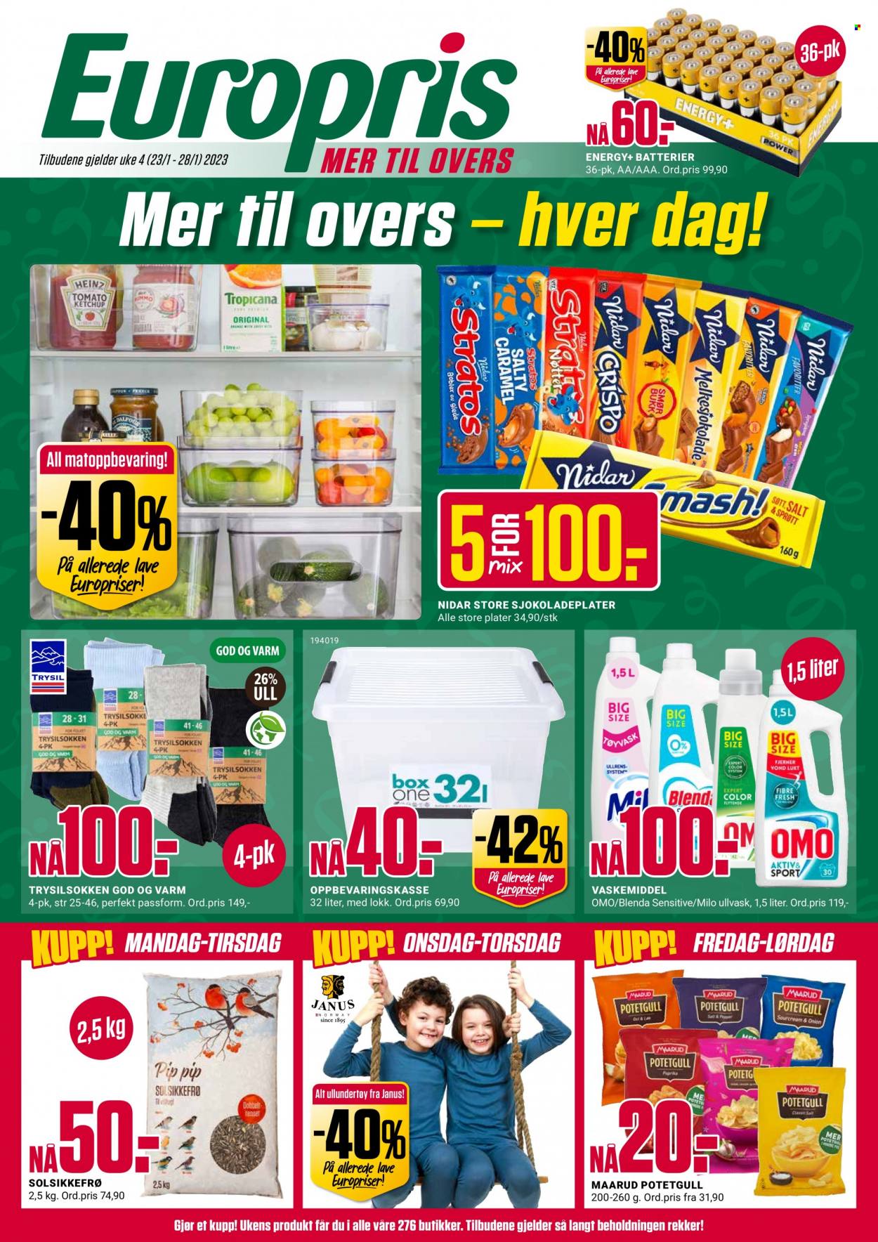 thumbnail - Kundeavis Europris - 23.1.2023 - 28.1.2023 - Produkter fra tilbudsaviser - solsikkefrø, Omo, vaskemiddel. Side 1.