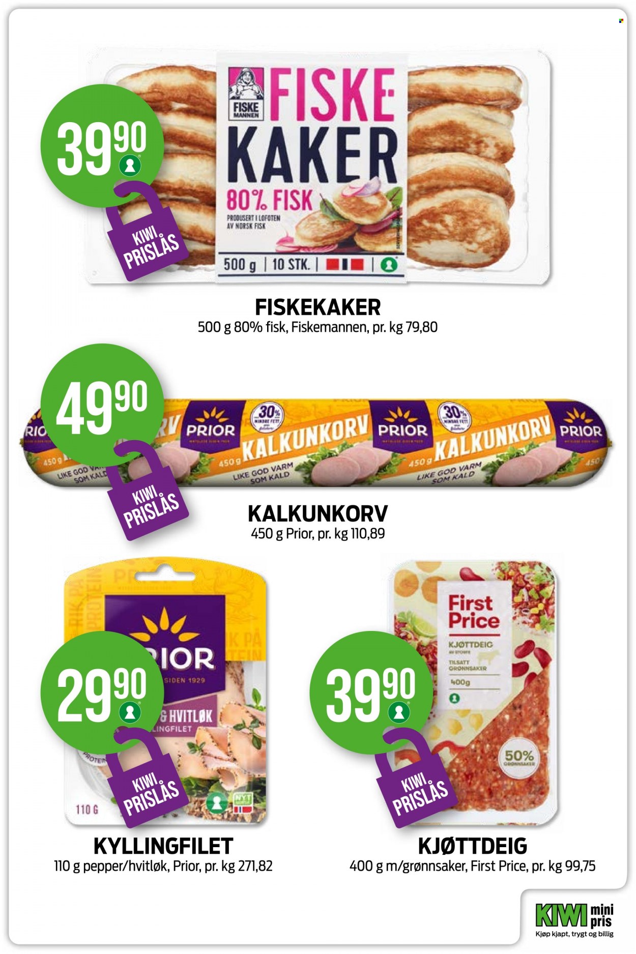 thumbnail - Kundeavis KIWI - Produkter fra tilbudsaviser - kyllingfilet, kyllingkjøtt, kjøttdeig, hvitløk, fisk, fiskekaker. Side 16.