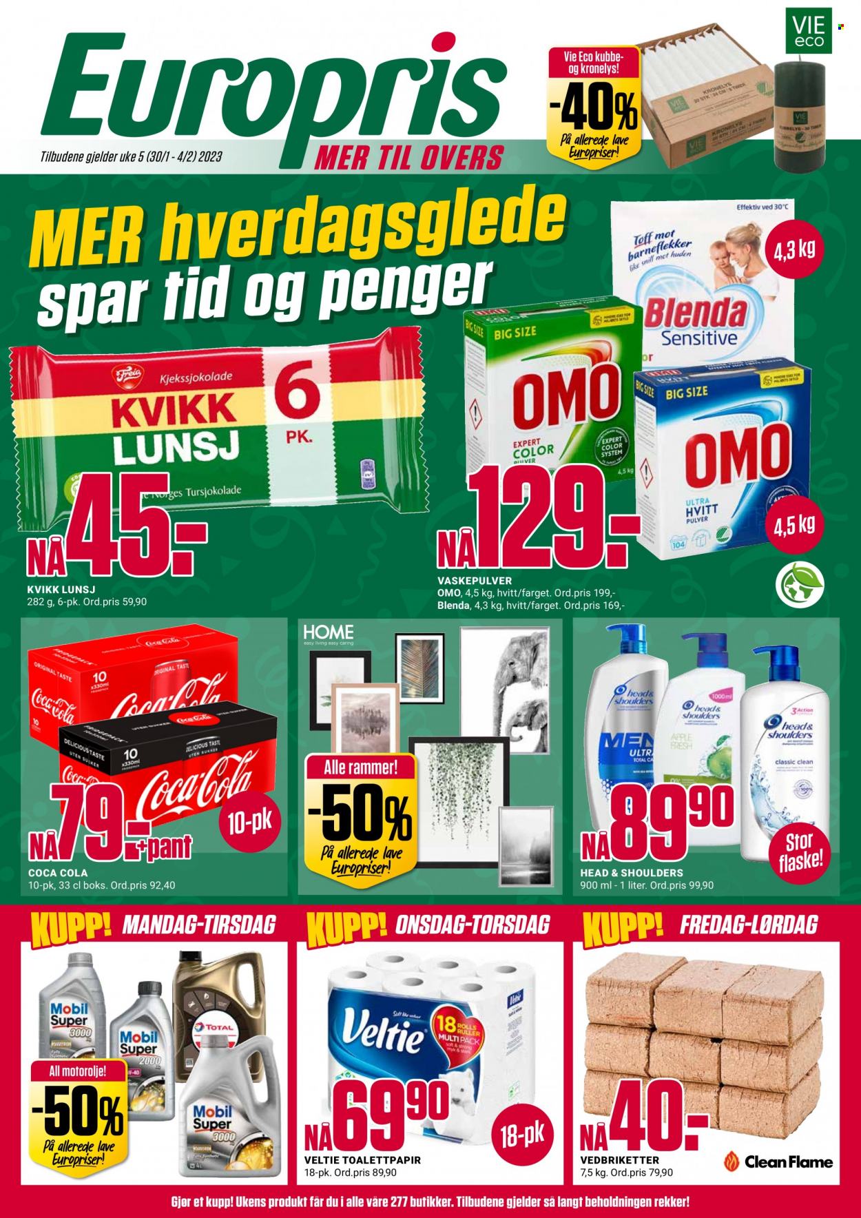 thumbnail - Kundeavis Europris - 30.1.2023 - 4.2.2023 - Produkter fra tilbudsaviser - Freia, Coca-Cola, toalettpapir, Omo, vaskepulver, Head & Shoulders. Side 1.
