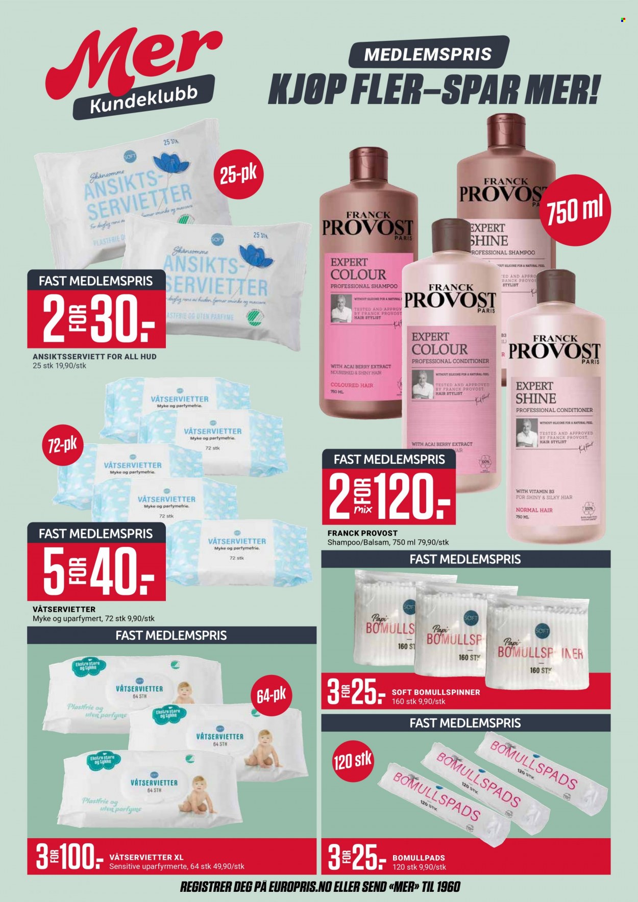 thumbnail - Kundeavis Europris - 30.1.2023 - 4.2.2023 - Produkter fra tilbudsaviser - Franck Provost, conditioner, bomullspads, bomullspinner, shampoo. Side 12.