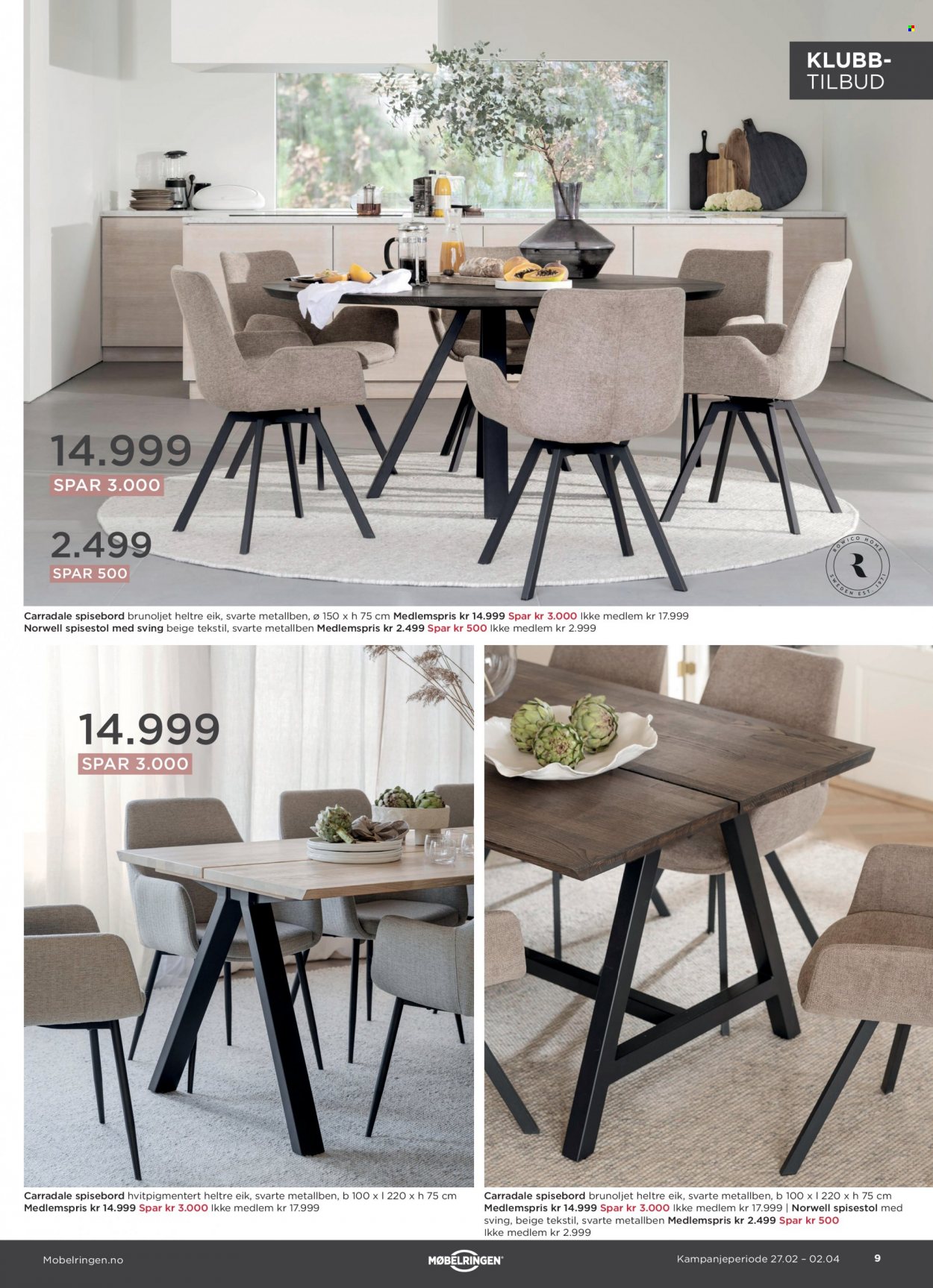 thumbnail - Kundeavis Møbelringen - 27.2.2023 - 2.4.2023 - Produkter fra tilbudsaviser - bord, spisebord, stol, spisestol. Side 9.