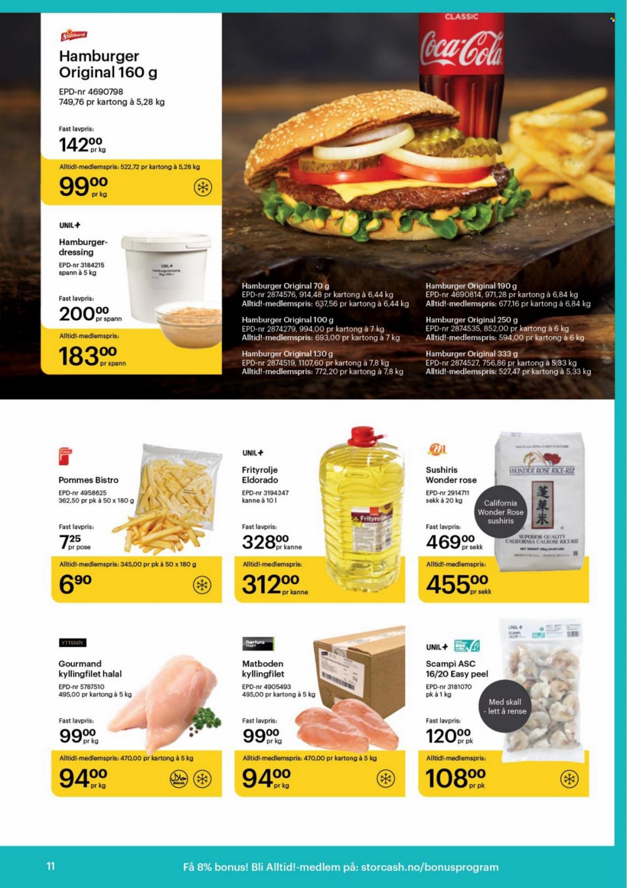 thumbnail - Kundeavis Storcash - 13.3.2023 - 8.4.2023 - Produkter fra tilbudsaviser - kyllingfilet, kyllingkjøtt, burger, sushiris, dressing, frityrolje, Coca-Cola. Side 11.