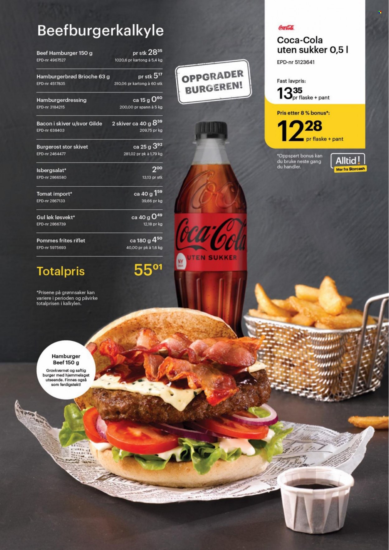 thumbnail - Kundeavis Storcash - 13.3.2023 - 8.4.2023 - Produkter fra tilbudsaviser - burger, isbergsalat, løk, tomat, brioche, hamburgerbrød, burgerbrød, bacon, pommes frites, Coca-Cola. Side 14.