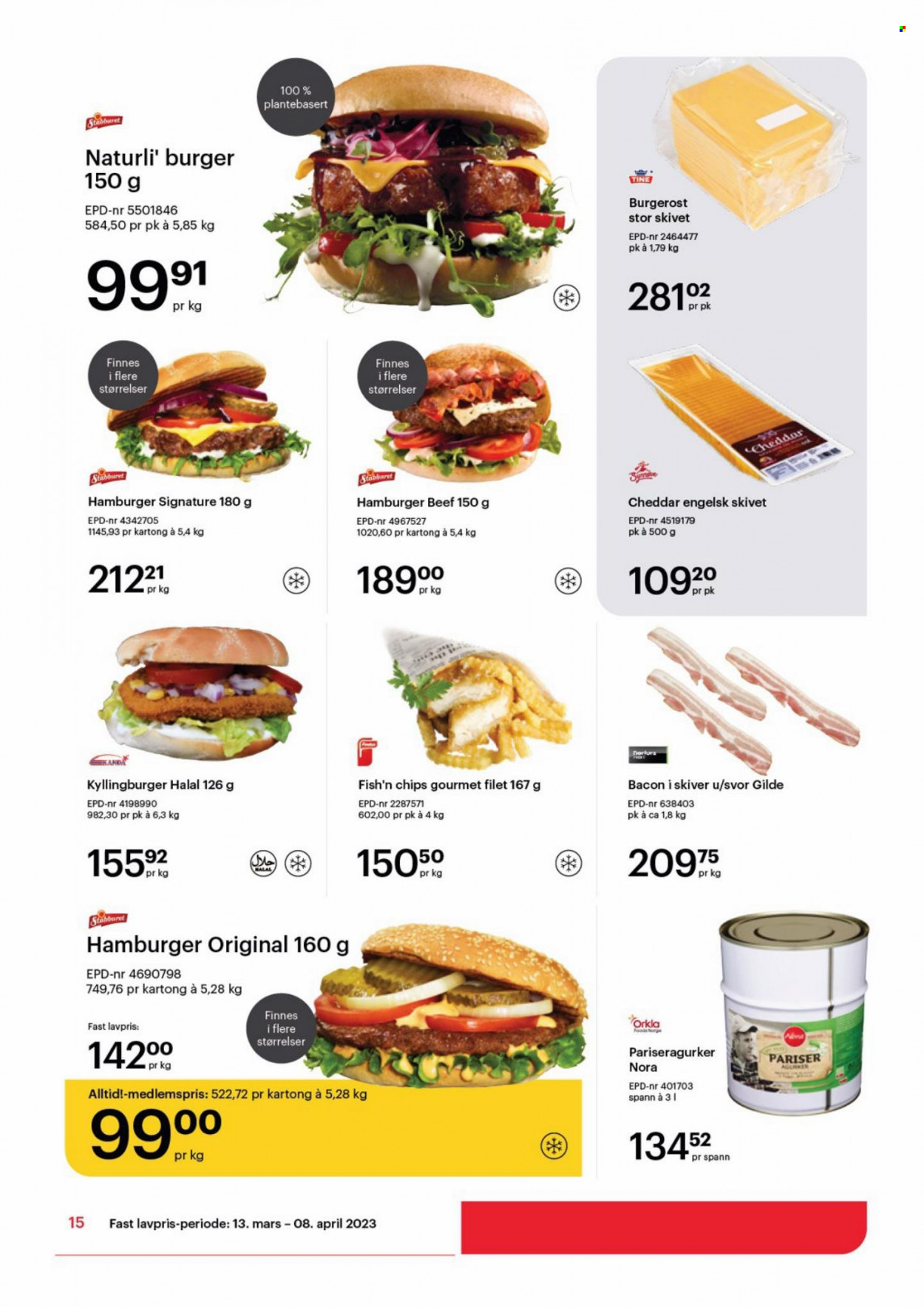 thumbnail - Kundeavis Storcash - 13.3.2023 - 8.4.2023 - Produkter fra tilbudsaviser - burger, kyllingburger, bacon, bacon i skiver, Cheddar, chips. Side 15.