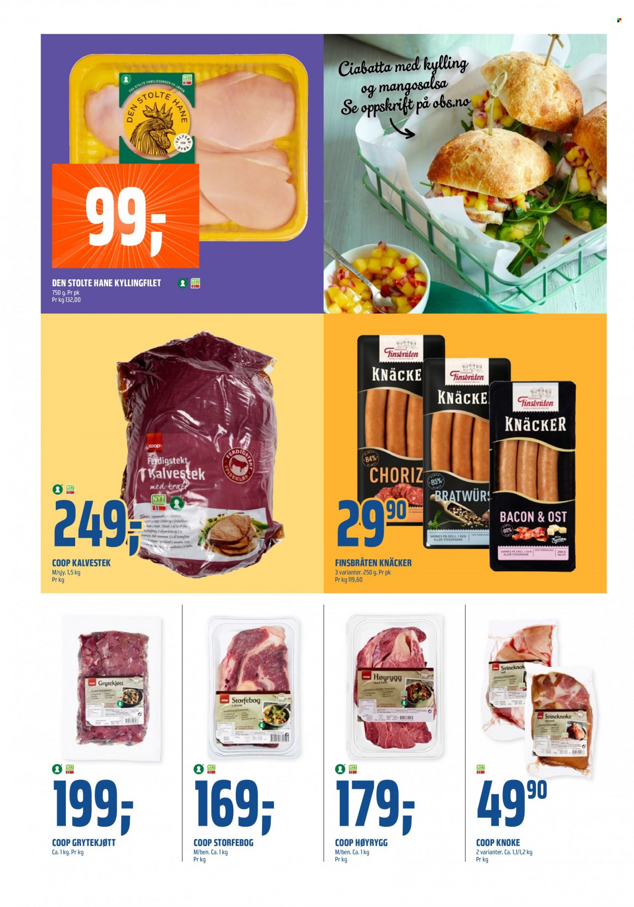 thumbnail - Kundeavis Coop Obs - 19.3.2023 - 25.3.2023 - Produkter fra tilbudsaviser - kyllingfilet, kyllingkjøtt, kalvekjøtt, kalvestek, høyrygg, svineknoke, ciabatta, ciabattabrød, ost, Sprite. Side 4.