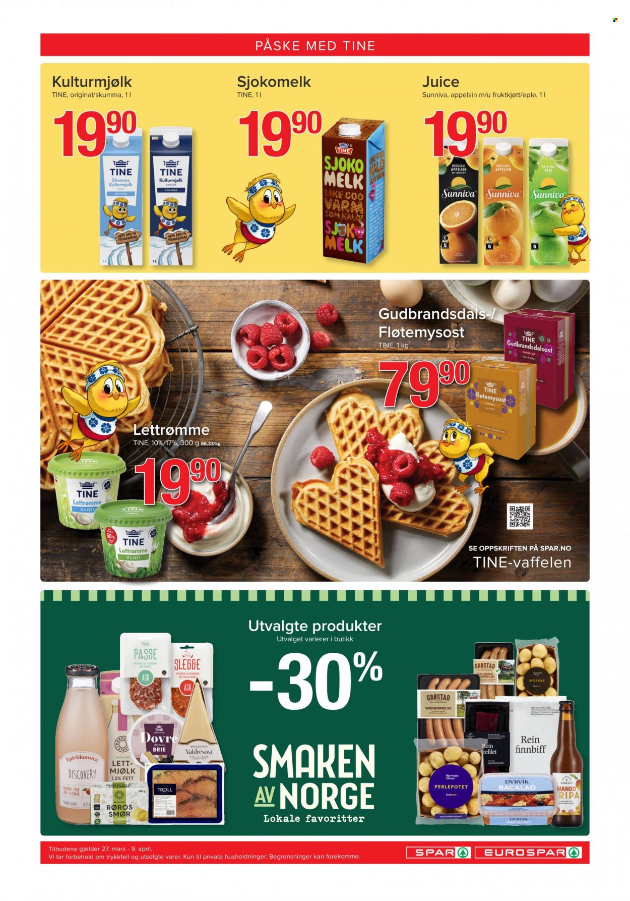 thumbnail - Kundeavis SPAR - 27.3.2023 - 9.4.2023 - Produkter fra tilbudsaviser - mango, wienerpølse, brie, melk, smør, lettrømme. Side 8.
