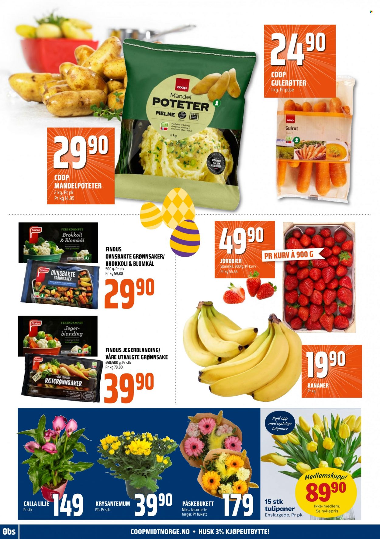 thumbnail - Kundeavis Coop Obs - 26.3.2023 - 1.4.2023 - Produkter fra tilbudsaviser - bananer, jordbær, blomkål, brokkoli, gulrot, Findus, mandel, kurv. Side 16.