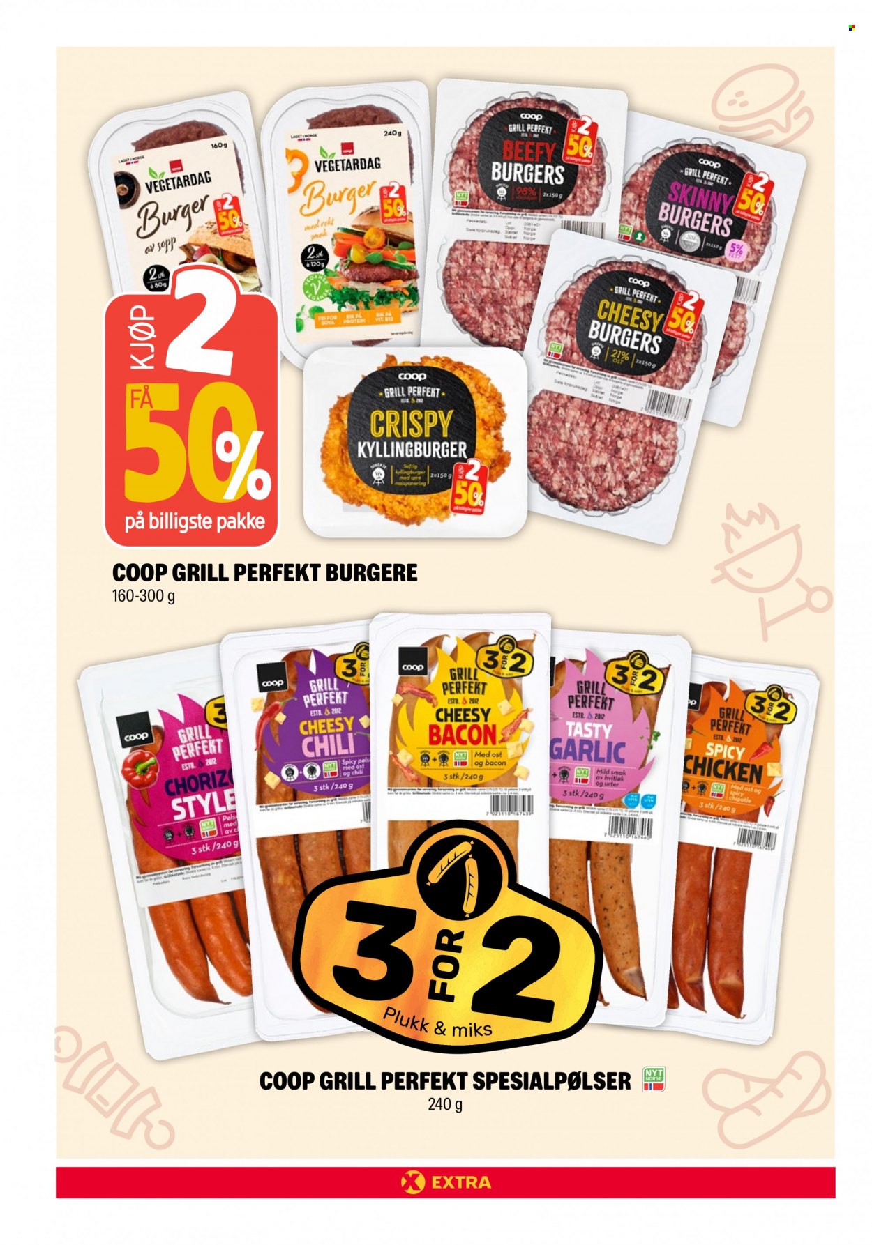 thumbnail - Kundeavis Coop Extra - 27.3.2023 - 2.4.2023 - Produkter fra tilbudsaviser - burger, kyllingburger, bacon, chorizo, soya. Side 4.