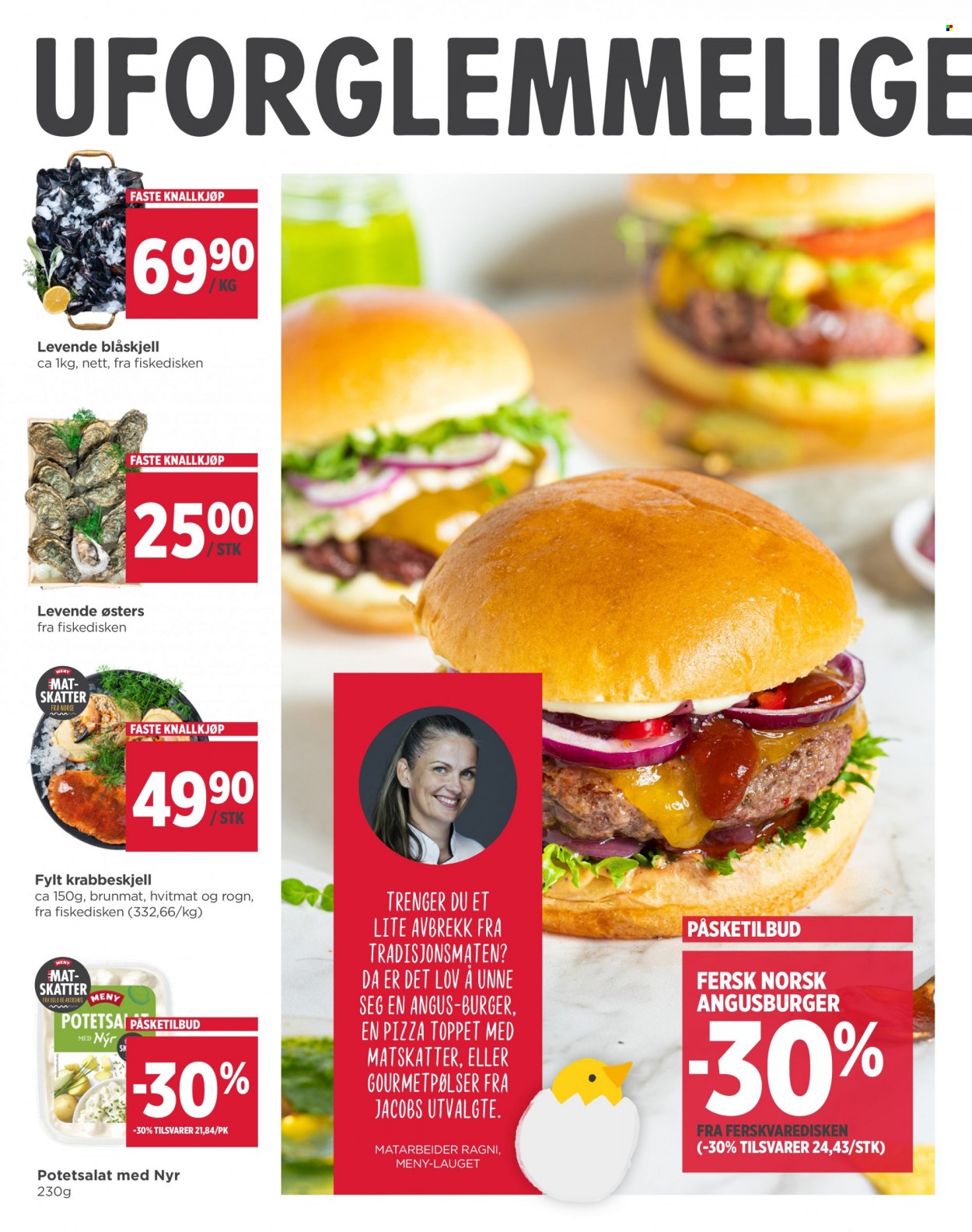 thumbnail - Kundeavis MENY - 27.3.2023 - 1.4.2023 - Produkter fra tilbudsaviser - burger, blåskjell, krabbeskjell, pizza, potetsalat. Side 8.