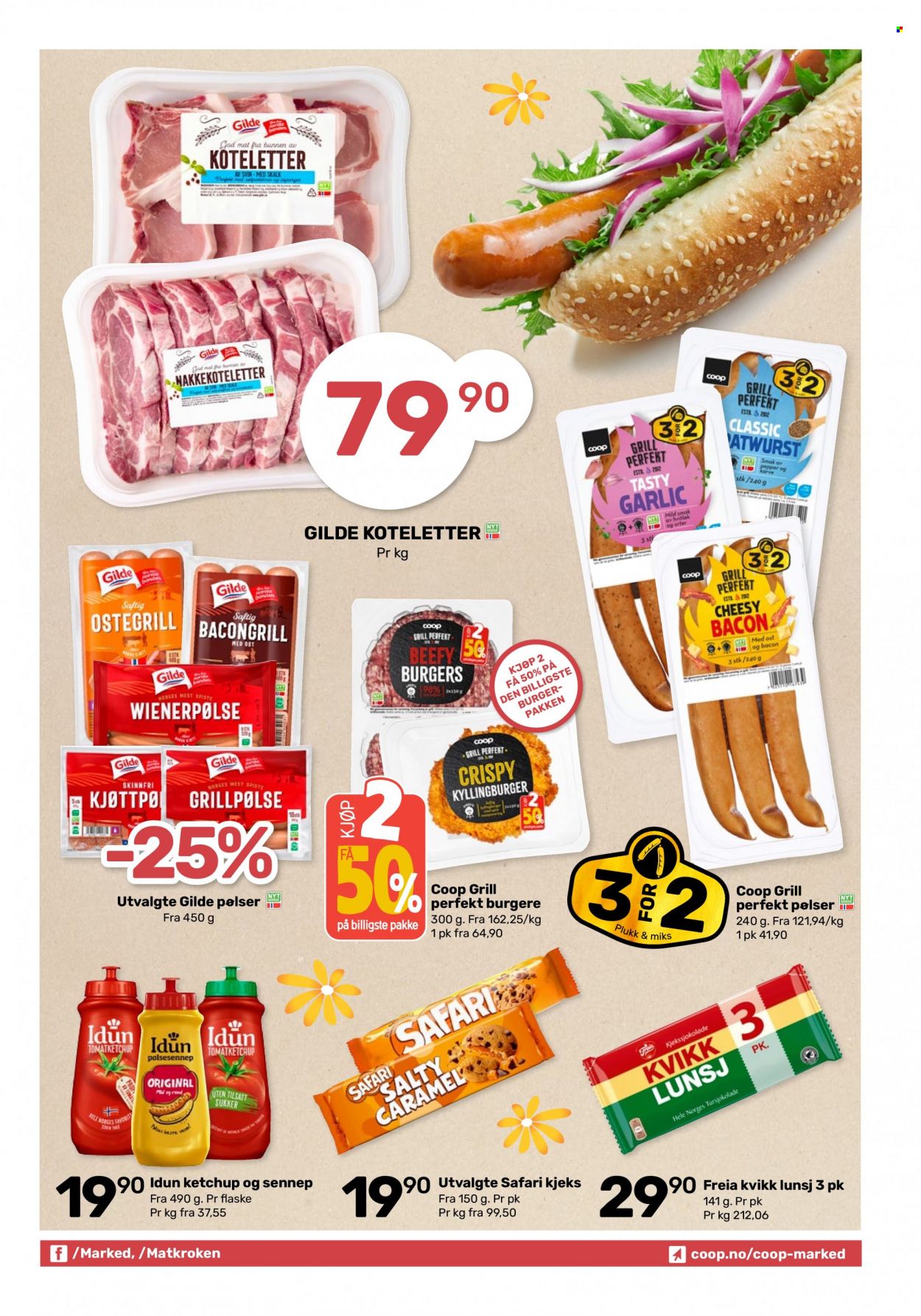 thumbnail - Kundeavis Coop Marked - 27.3.2023 - 8.4.2023 - Produkter fra tilbudsaviser - burger, kyllingburger, nakkekoteletter, bacon, grillpølse, wienerpølse, kjeks, Freia, sukker, ketchup, tomatketchup, sennep. Side 3.