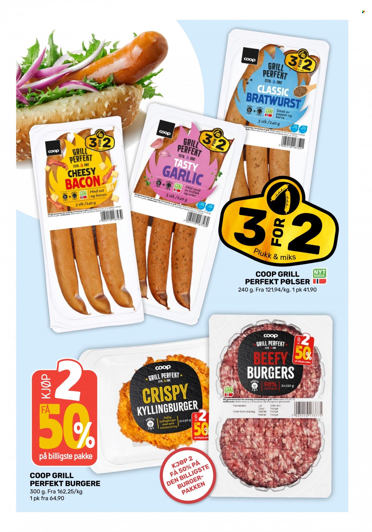 thumbnail - Kundeavis Coop Marked - 27.3.2023 - 8.4.2023 - Produkter fra tilbudsaviser - burger, kyllingburger, hvitløk, bacon, bratwurst. Side 6.