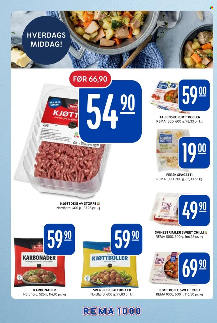 thumbnail - Kundeavis Rema 1000 - 27.3.2023 - 9.4.2023 - Produkter fra tilbudsaviser - storfe kjøttdeig, karbonader, kjøttboller, kjøttdeig, strimlet svinekjøtt, svenske kjøttboller, spagetti. Side 14.