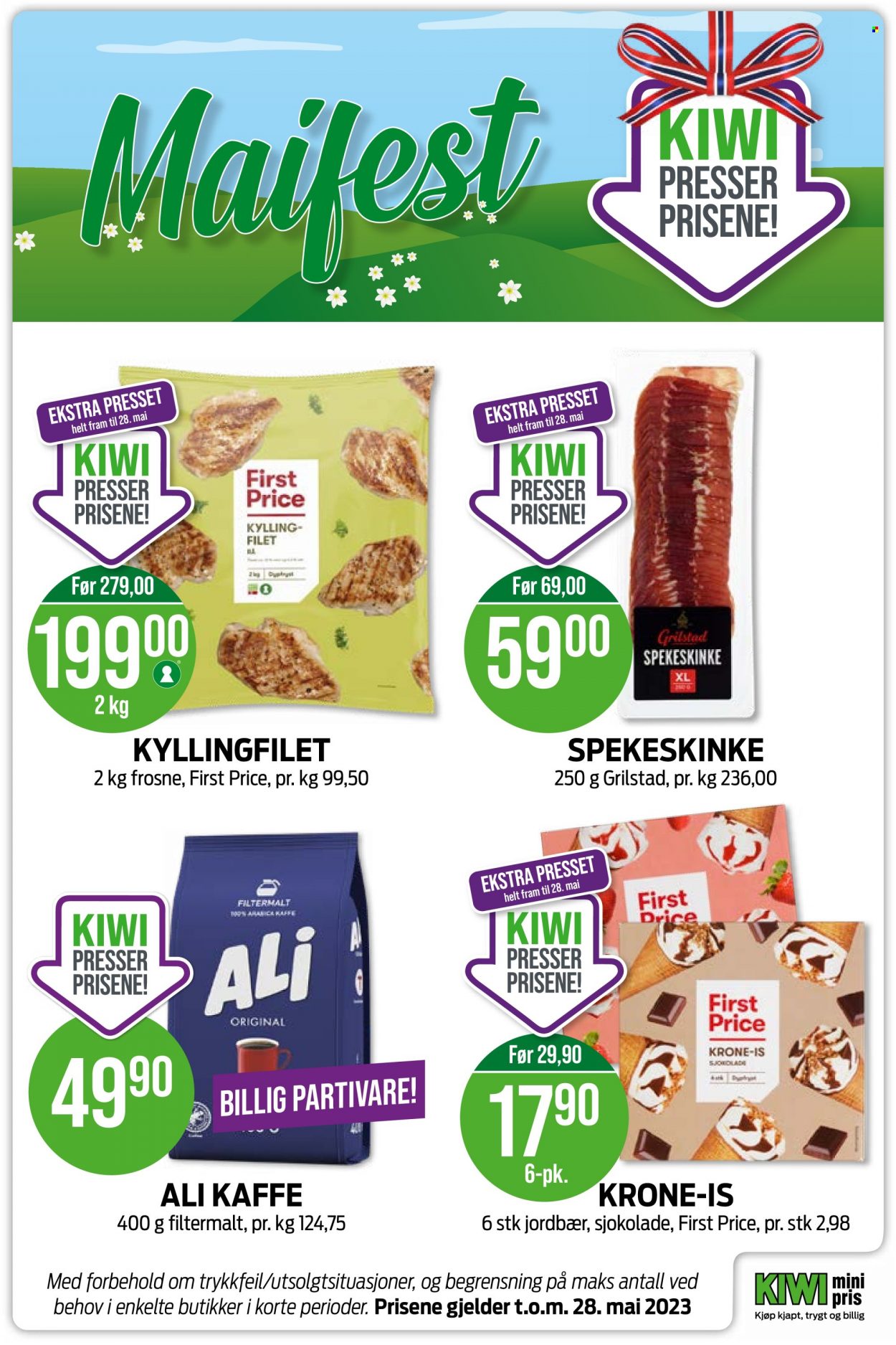 thumbnail - Kundeavis KIWI - Produkter fra tilbudsaviser - kyllingfilet, kyllingkjøtt, spekeskinke, sjokolade, kaffe. Side 2.