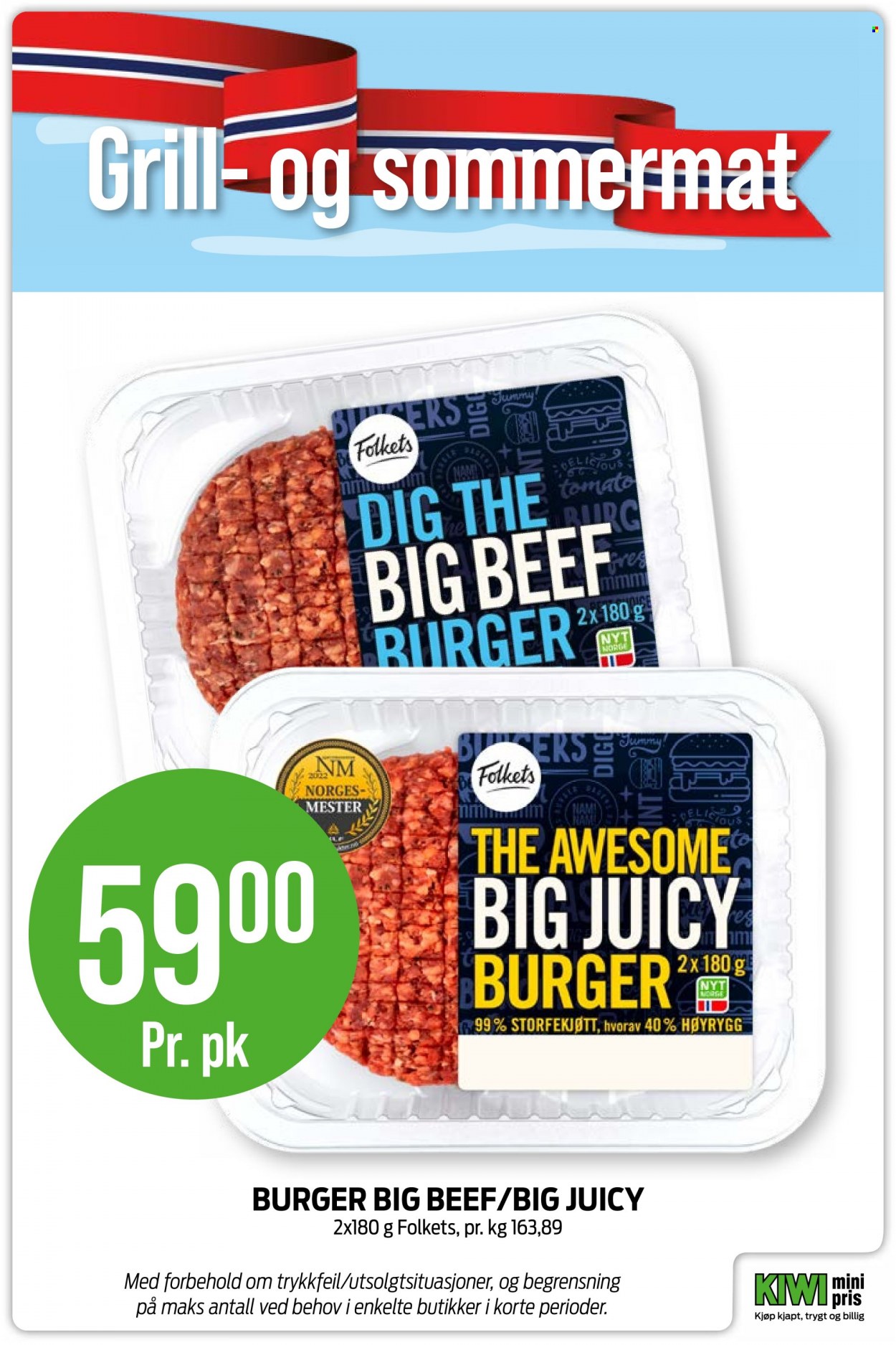 thumbnail - Kundeavis KIWI - Produkter fra tilbudsaviser - kiwi, storfekjøtt, høyrygg, burger. Side 13.