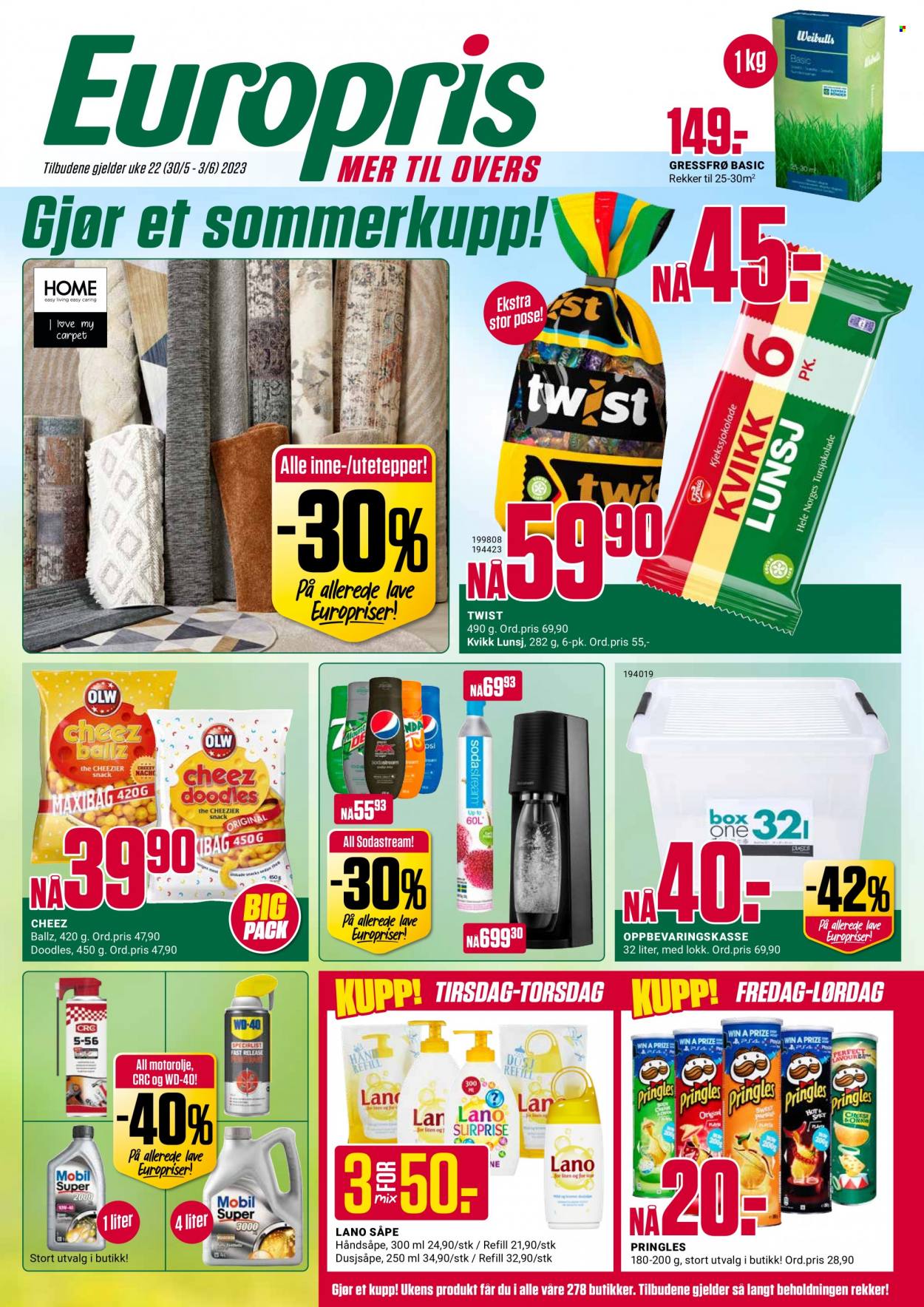 thumbnail - Kundeavis Europris - 30.5.2023 - 3.6.2023 - Produkter fra tilbudsaviser - Pringles, Sodastream, Lano, håndsåpe, dusjsåpe. Side 1.