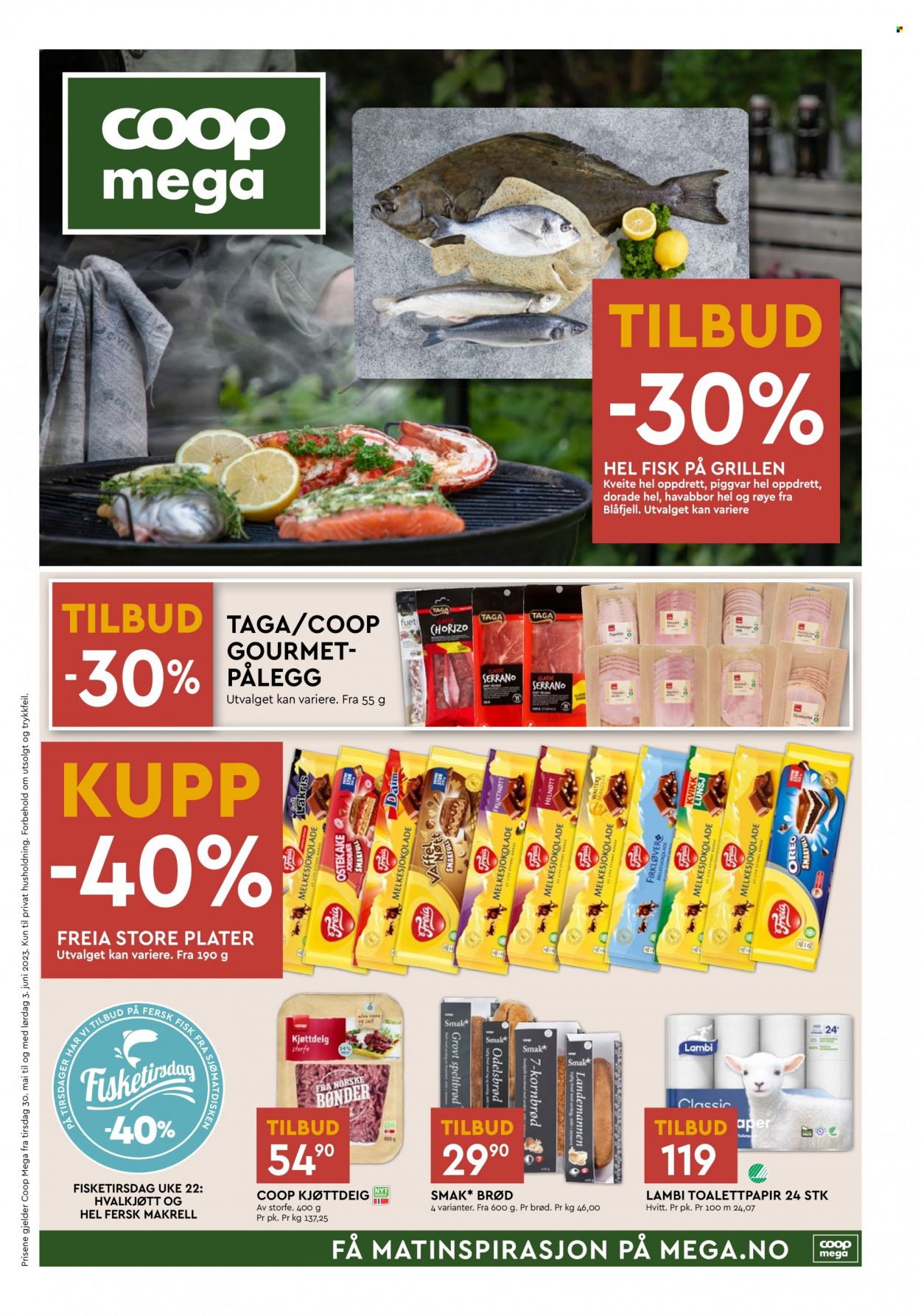 thumbnail - Kundeavis Coop Mega - 30.5.2023 - 3.6.2023 - Produkter fra tilbudsaviser - storfe kjøttdeig, kjøttdeig, brød, fisk, Freia, toalettpapir. Side 1.