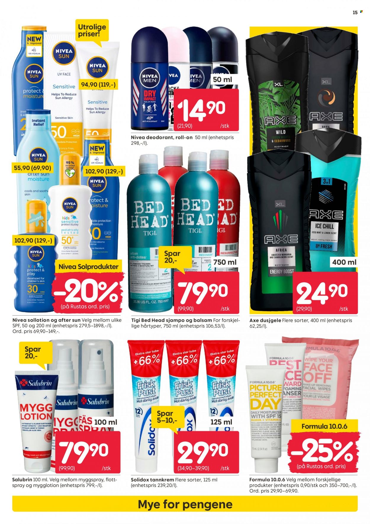 thumbnail - Kundeavis Rusta - 5.6.2023 - 10.6.2023 - Produkter fra tilbudsaviser - Nivea, Axe, shampoo, tannkrem, Solidox, moisturizer, cleanser, makeup, anti-perspirant, roll-on, deodorant. Side 15.