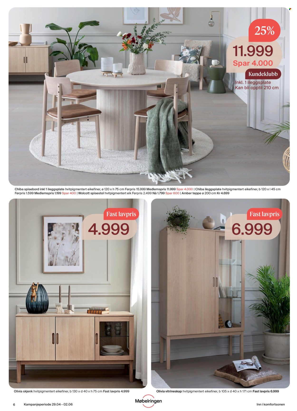 thumbnail - Kundeavis Møbelringen - 29.4.2024 - 2.6.2024 - Produkter fra tilbudsaviser - vitrineskap, skjenk, bord, spisebord, stol, spisestol, teppe. Side 6.