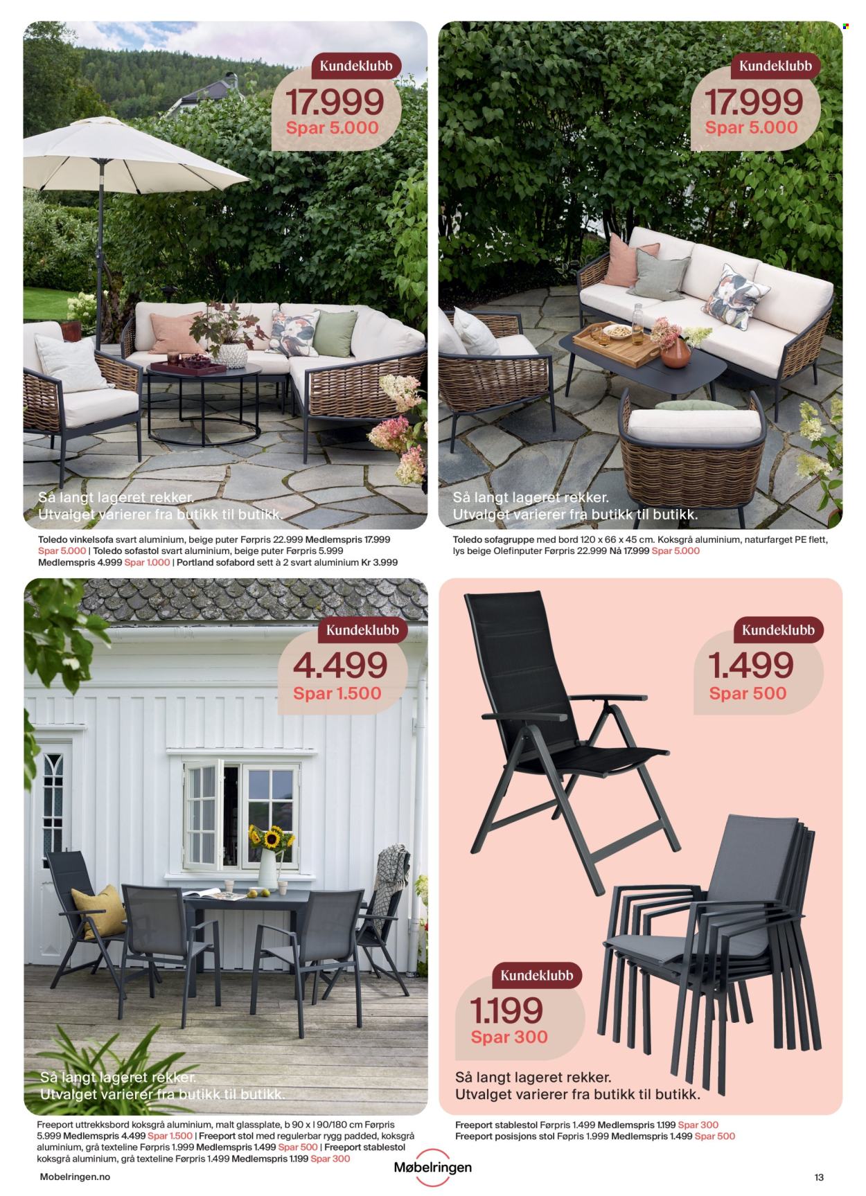 thumbnail - Kundeavis Møbelringen - 29.4.2024 - 2.6.2024 - Produkter fra tilbudsaviser - pute, bord, stol, sofa, sofagruppe, salongbord. Side 13.
