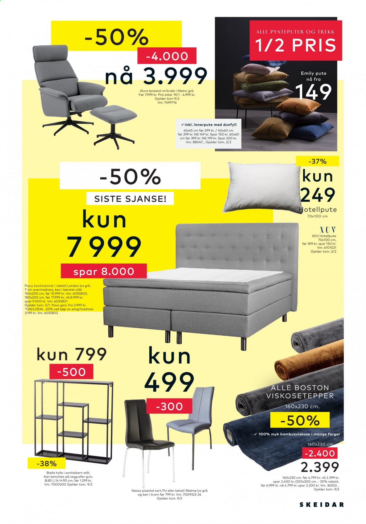 thumbnail - Kundeavis Skeidar - 30.12.2020 - 5.1.2021 - Produkter fra tilbudsaviser - Metro, innerpute, pute, stol, lenestol, hylle, seng, madrass. Side 3.