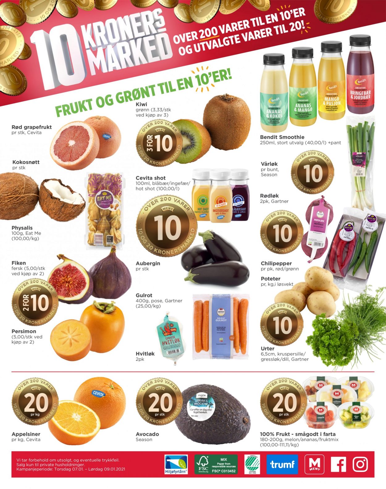 thumbnail - Kundeavis MENY - 4.1.2021 - 9.1.2021 - Produkter fra tilbudsaviser - fiken, jordbær, kiwi, kokosnøtt, gulrot, hvitløk, chilipepper, rødløk, vårløk, smoothie. Side 8.