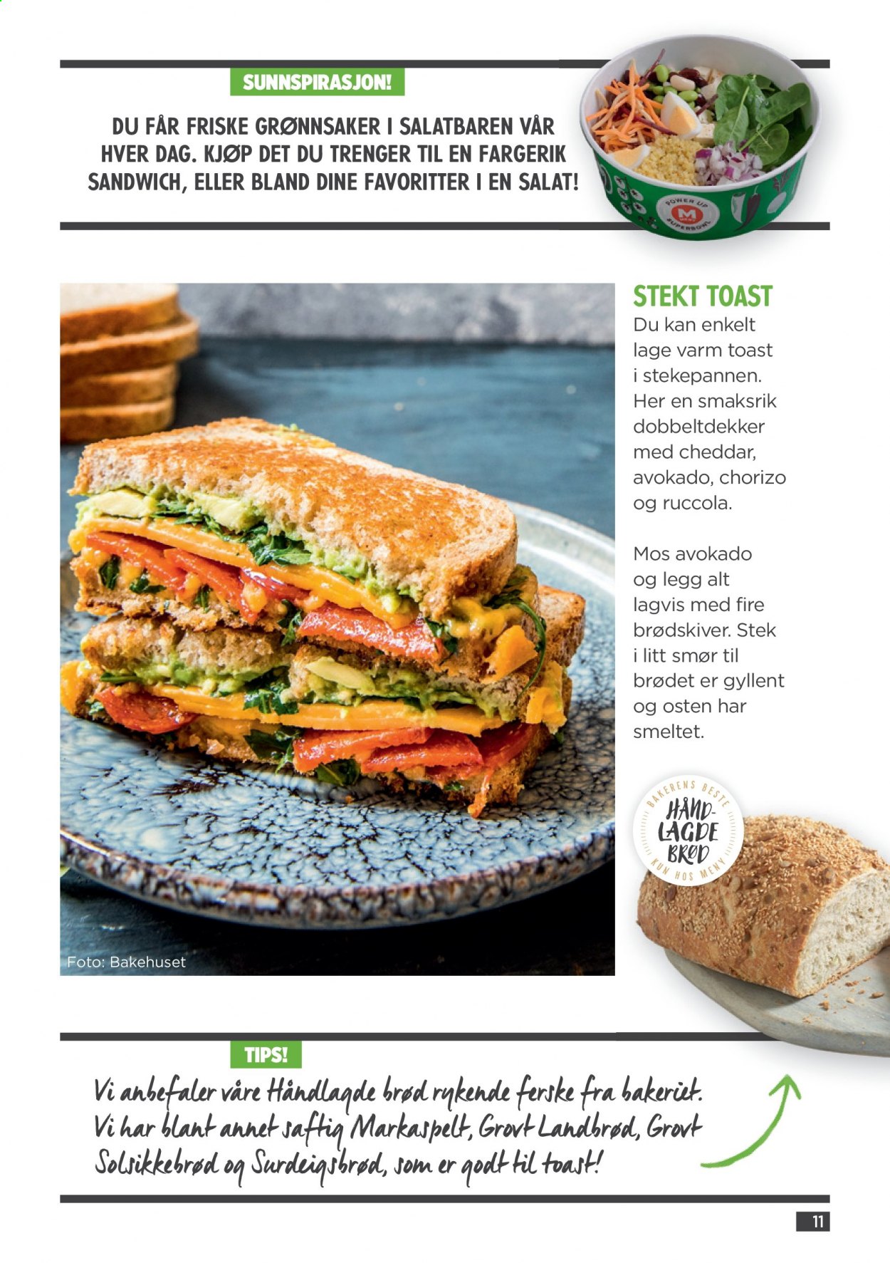 thumbnail - Kundeavis MENY - Produkter fra tilbudsaviser - avokado, ruccola, salat, brød, landbrød, sandwich, chorizo, Cheddar, smør. Side 11.