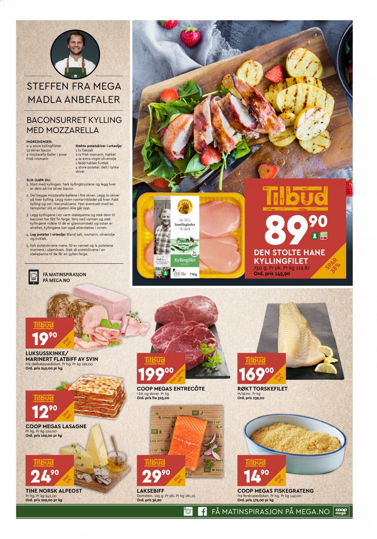 thumbnail - Kundeavis Coop Mega - 11.1.2021 - 16.1.2021 - Produkter fra tilbudsaviser - kyllingfilet, flatbiff, storfekjøtt, entrecôte, fiskegrateng, lasagne, bacon, mozzarella, ost. Side 5.