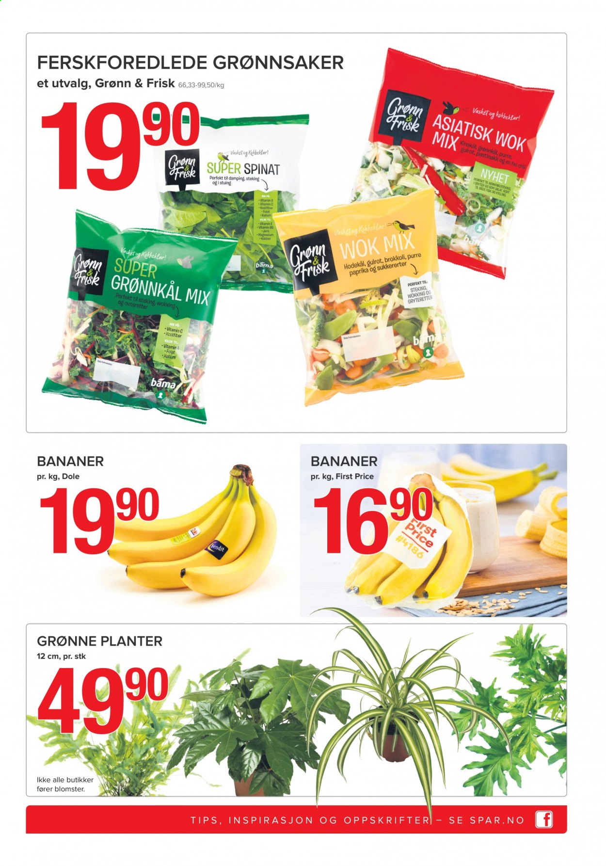 thumbnail - Kundeavis SPAR - 18.1.2021 - 24.1.2021 - Produkter fra tilbudsaviser - bananer, gulrot, hodekål, kinakål, salat, spinat, fisk, planter, blomster, magnesium. Side 5.