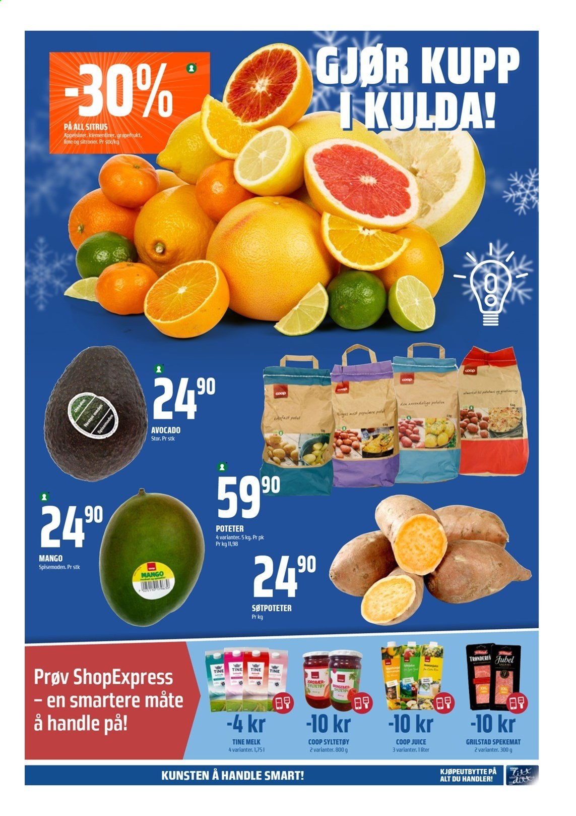 thumbnail - Kundeavis Coop Obs - 24.1.2021 - 30.1.2021 - Produkter fra tilbudsaviser - mango, sitroner, spekemat, melk, syltetøy. Side 3.