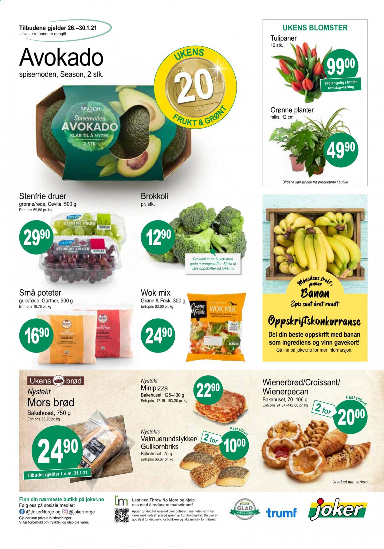 thumbnail - Kundeavis Joker - 26.1.2021 - 30.1.2021 - Produkter fra tilbudsaviser - druer, avokado, brød, croissants, planter, blomster. Side 4.