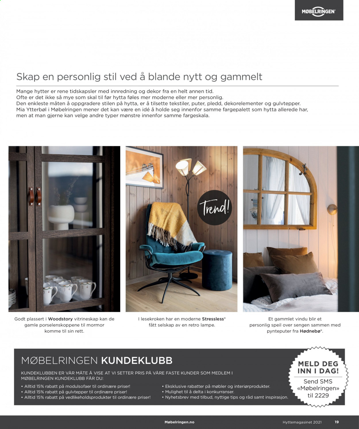 thumbnail - Kundeavis Møbelringen - 30.1.2021 - 31.12.2021 - Produkter fra tilbudsaviser - pledd, pute, vitrineskap, lampe. Side 19.