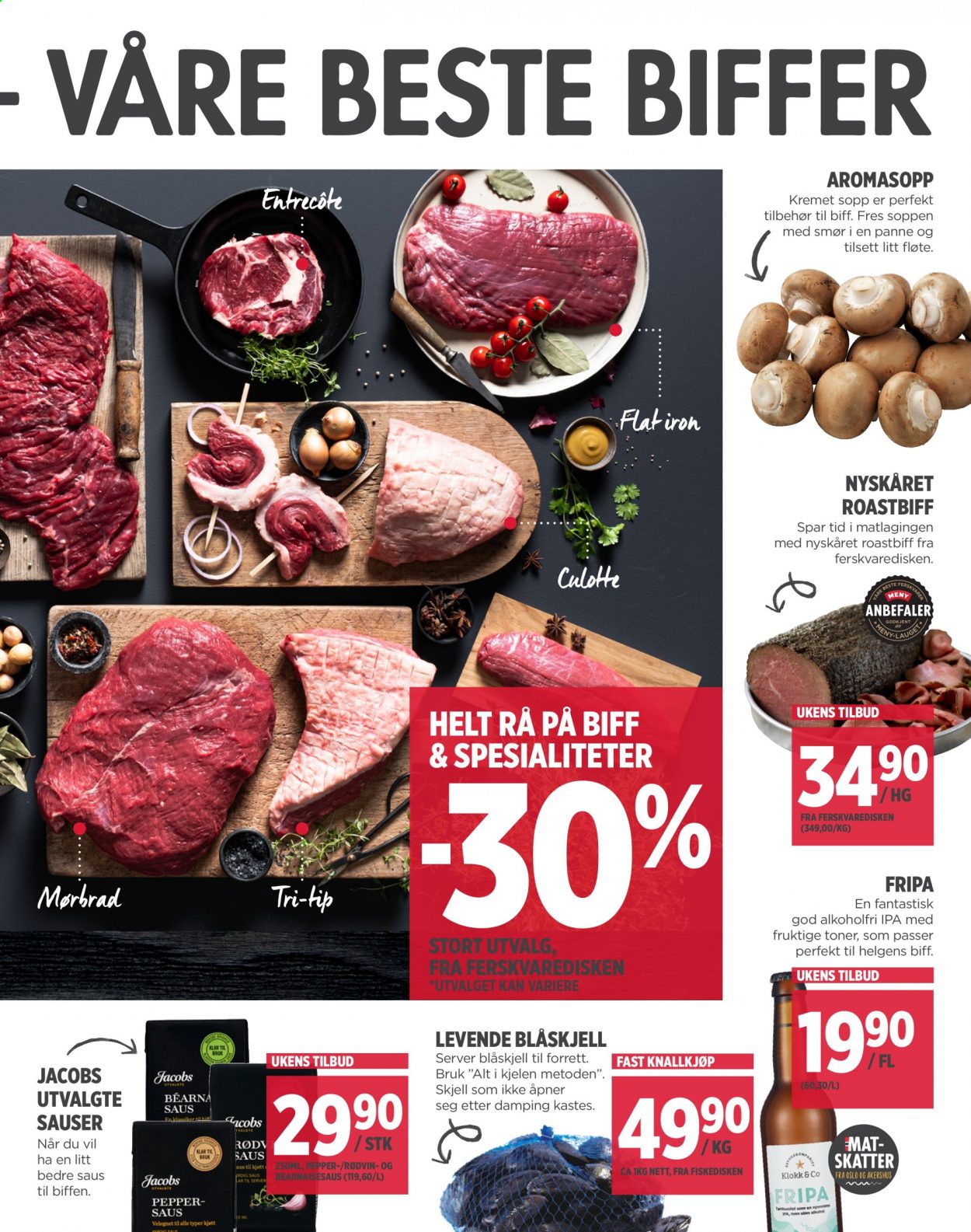 thumbnail - Kundeavis MENY - 4.2.2021 - 6.2.2021 - Produkter fra tilbudsaviser - storfekjøtt, roastbiff, entrecôte, blåskjell, fløte, bearnaisesaus. Side 3.