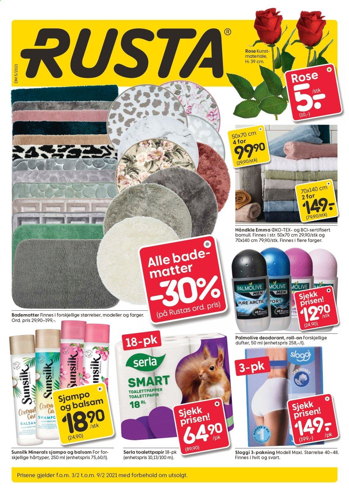 thumbnail - Kundeavis Rusta - 3.2.2021 - 9.2.2021 - Produkter fra tilbudsaviser - Palmolive, Sunsilk, toalettpapir, roll-on, deodorant, håndkle, Sloggi. Side 1.