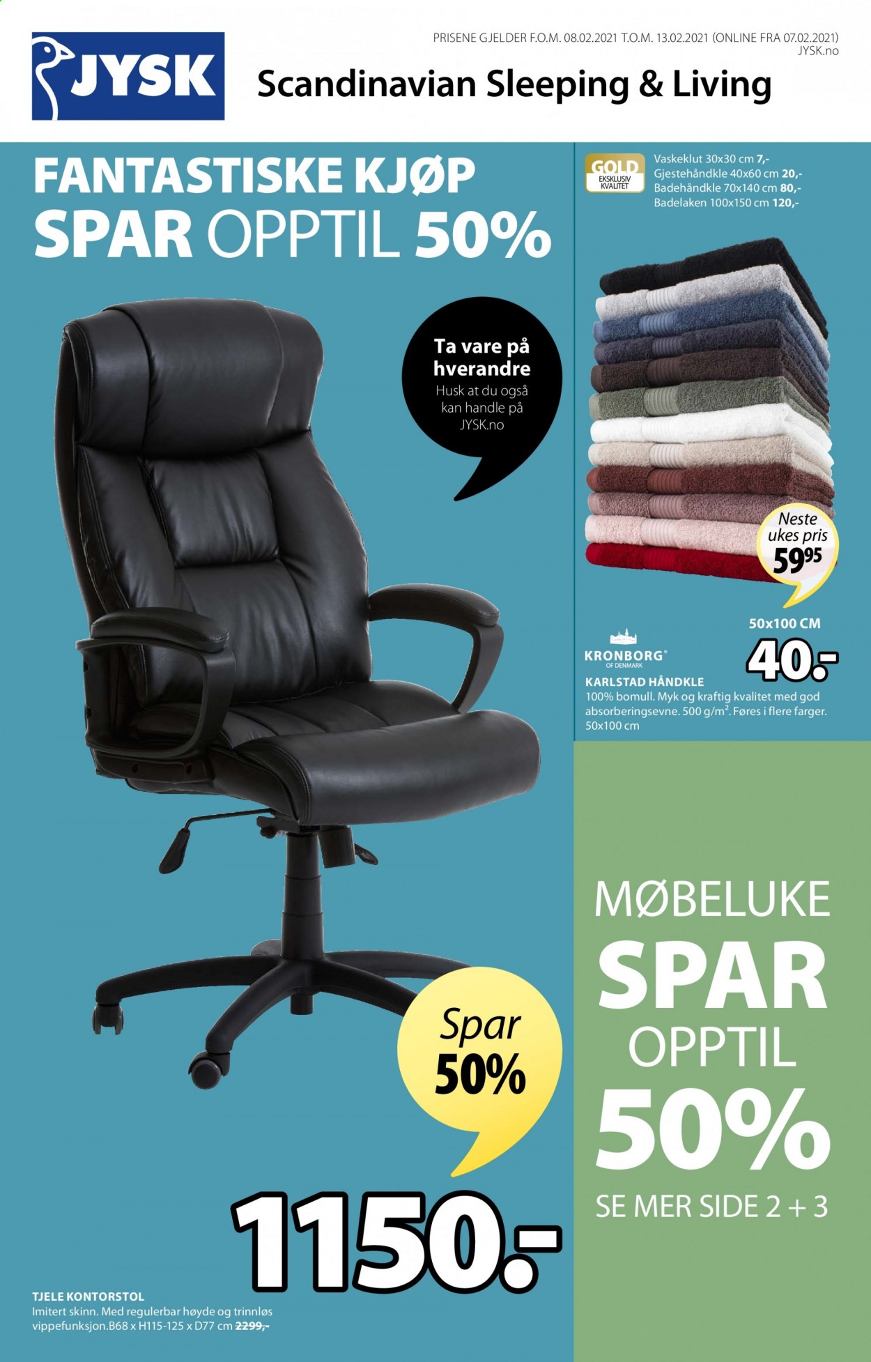 thumbnail - Kundeavis JYSK - 8.2.2021 - 13.2.2021 - Produkter fra tilbudsaviser - håndkle, stol, kontorstol. Side 1.