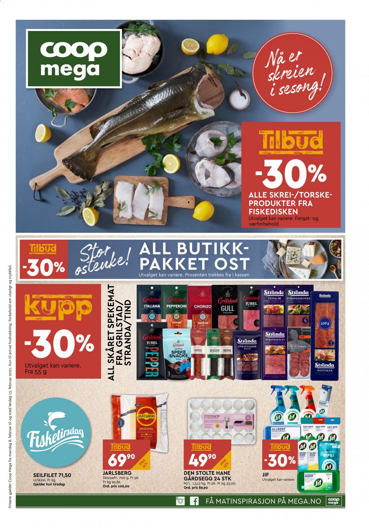 thumbnail - Kundeavis Coop Mega - 8.2.2021 - 13.2.2021 - Produkter fra tilbudsaviser - chorizo, salami, spekemat, pepperoni, fenalår, Jarlsberg, ost, krem. Side 1.