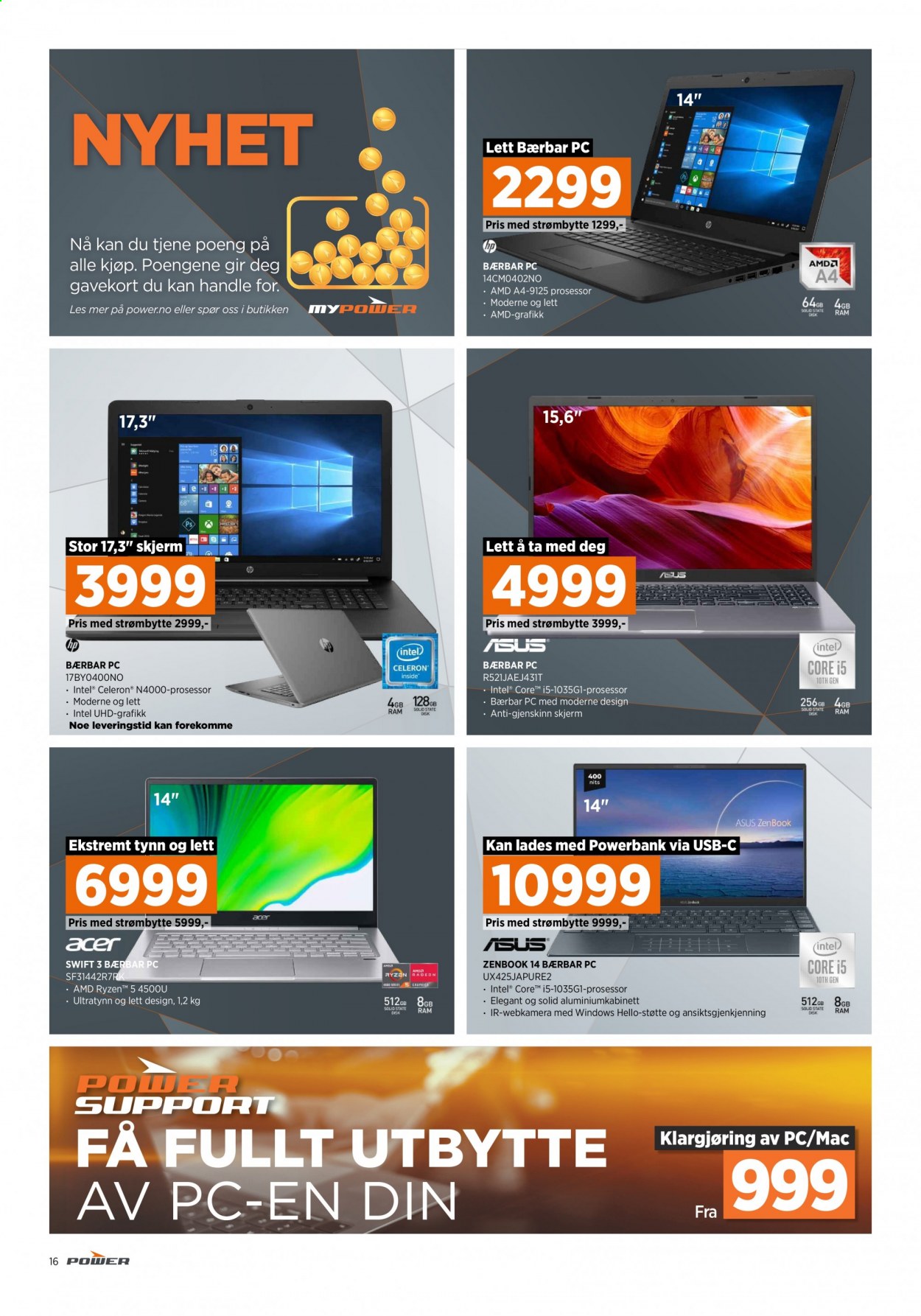 thumbnail - Kundeavis Power - 8.2.2021 - 14.2.2021 - Produkter fra tilbudsaviser - Acer, Asus, webkamera, HP, laptop, Zenbook, skjerm. Side 16.