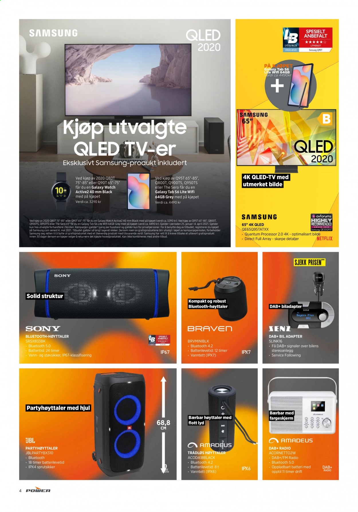 thumbnail - Kundeavis Power - 8.2.2021 - 13.2.2021 - Produkter fra tilbudsaviser - Samsung, Samsung Galaxy Tab, Sony, QLED TV, batteri, JBL, DAB+, DAB-radio, trådløs høyttaler, høyttaler. Side 4.
