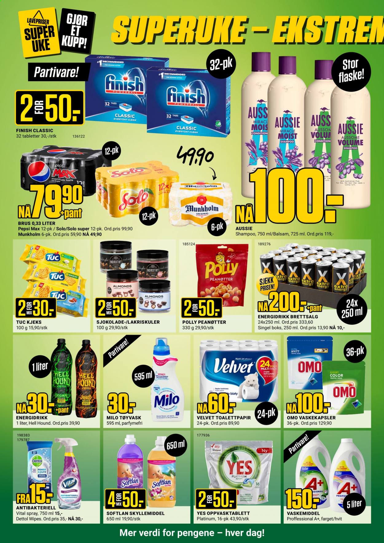 thumbnail - Kundeavis Europris - 15.2.2021 - 20.2.2021 - Produkter fra tilbudsaviser - Aussie, kjeks, sjokolade, Tuc Kjeks, peanøtter, Pepsi, Pepsi Max, toalettpapir, Omo, vaskemiddel, shampoo. Side 4.