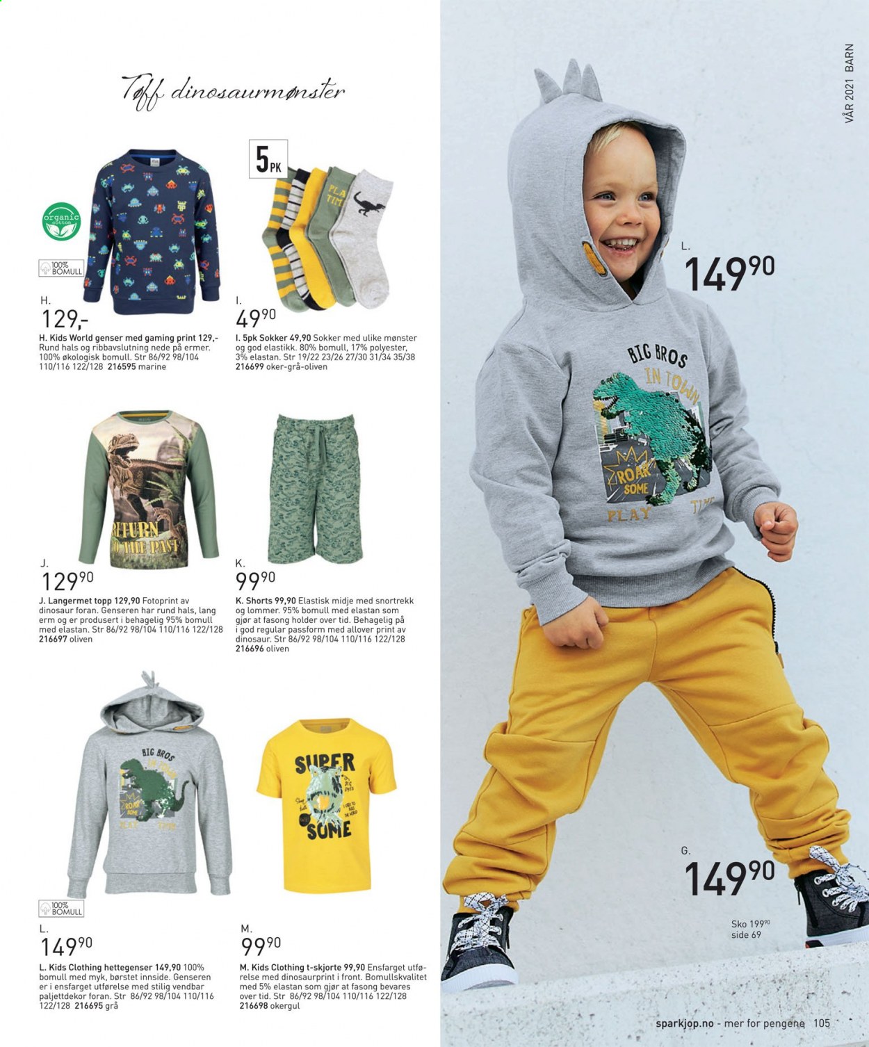 thumbnail - Kundeavis Sparkjøp - 13.2.2021 - 12.4.2021 - Produkter fra tilbudsaviser - dinosaur, shorts, t-skjorte, skjorte, genser, sokker, sko. Side 105.