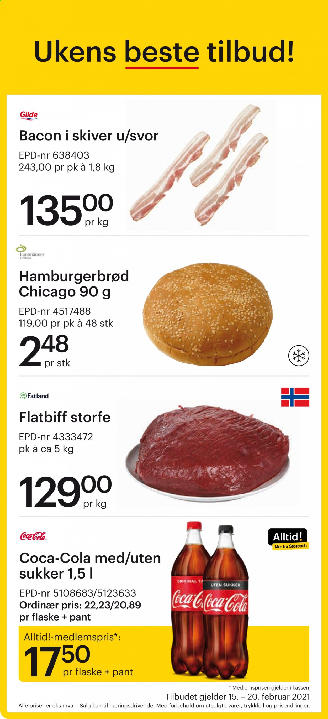 thumbnail - Kundeavis Storcash - 15.2.2021 - 20.2.2021 - Produkter fra tilbudsaviser - flatbiff, storfe flatbiff, storfekjøtt, hamburgerbrød, burgerbrød, bacon, bacon i skiver, Coca-Cola. Side 1.