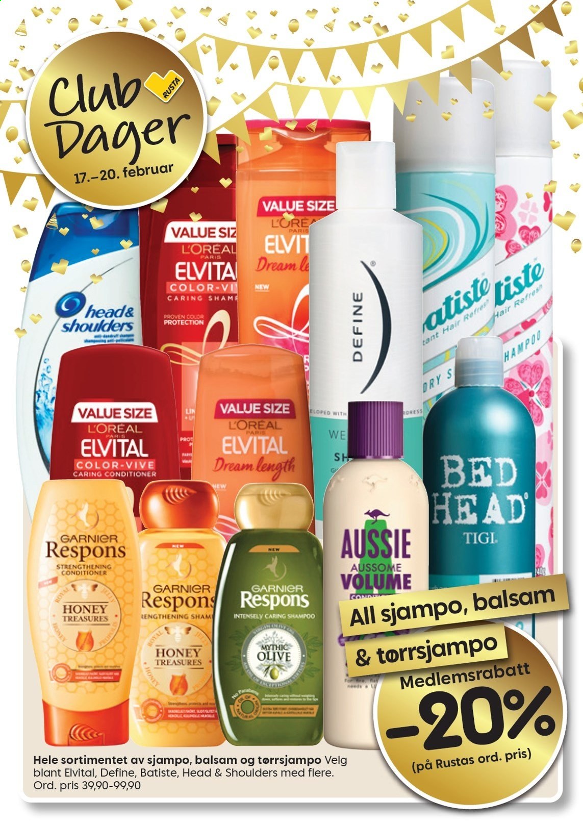 thumbnail - Kundeavis Rusta - 17.2.2021 - 20.2.2021 - Produkter fra tilbudsaviser - Aussie, Garnier, L’Oréal, conditioner, Define, Head & Shoulders, Elvital, shampoo. Side 1.