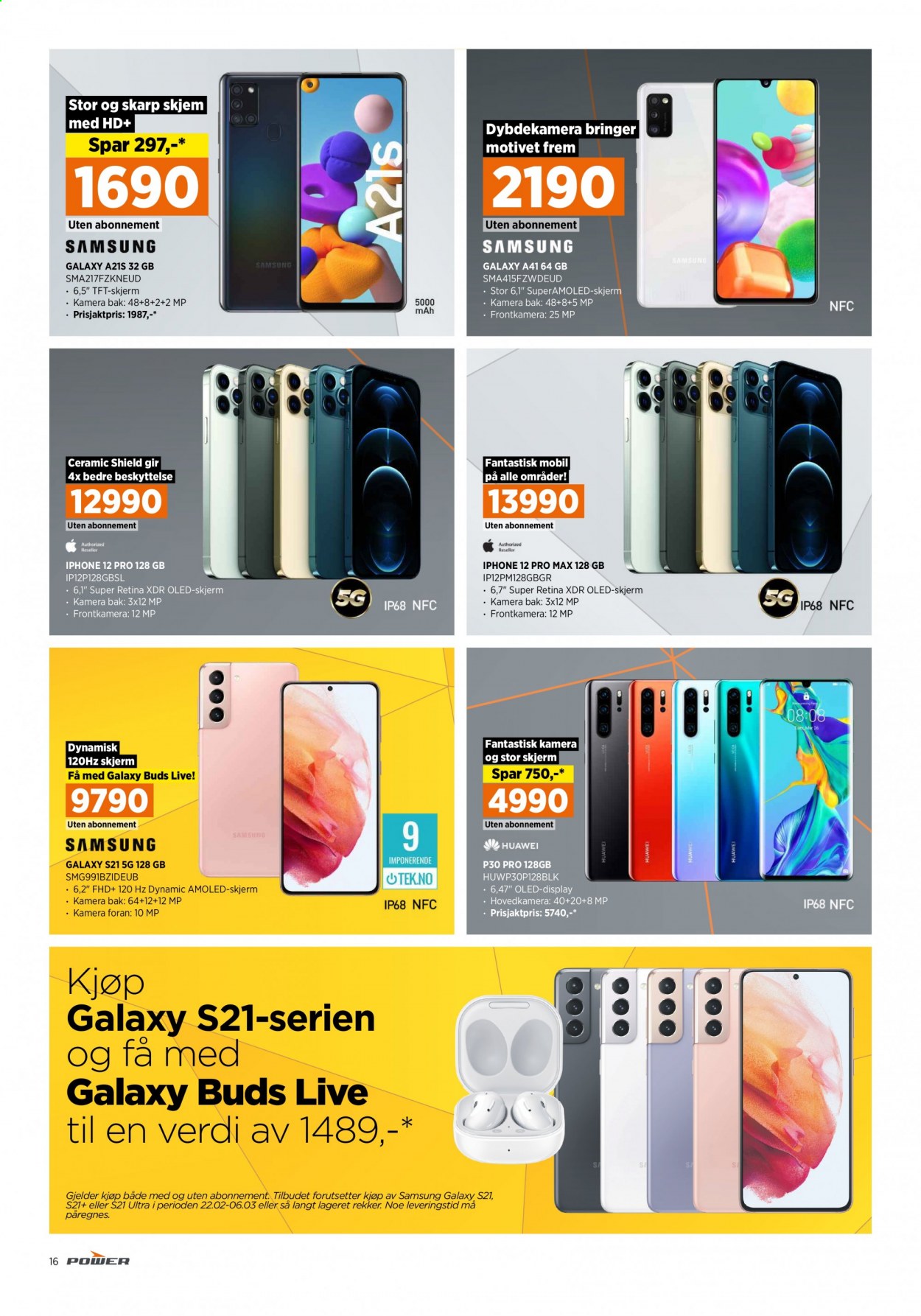 thumbnail - Kundeavis Power - 22.2.2021 - 27.2.2021 - Produkter fra tilbudsaviser - Samsung Galaxy, Samsung, Huawei, iPhone, Huawei P30, iPhone 12, skjerm. Side 16.