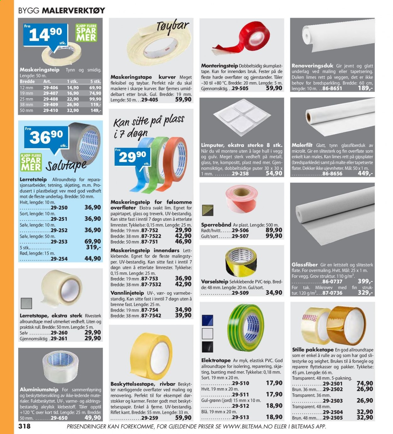 thumbnail - Kundeavis Biltema - Produkter fra tilbudsaviser - maskeringstape, selvklebende, kurv, tape, pute, gulv. Side 318.