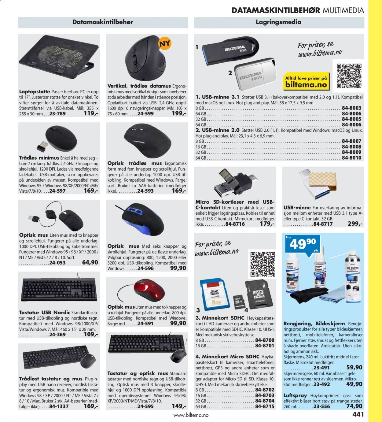 thumbnail - Kundeavis Biltema - Produkter fra tilbudsaviser - minnekort, datamus, tastatur, GPS. Side 441.