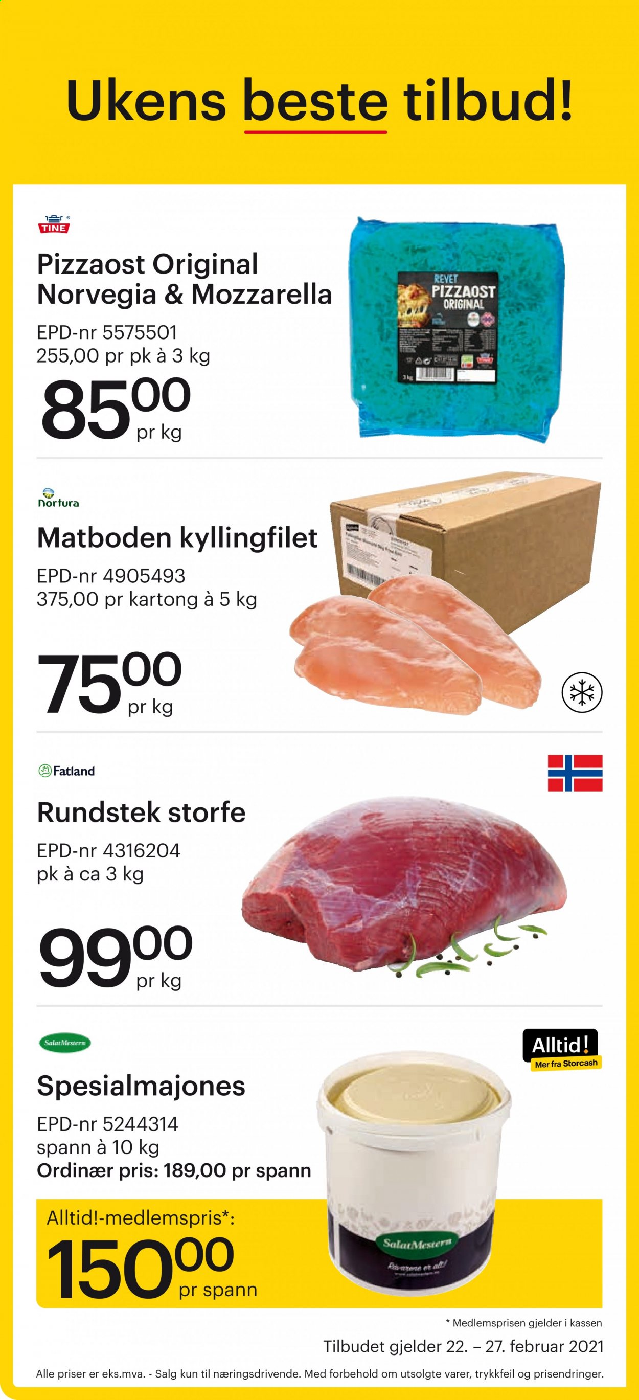 thumbnail - Kundeavis Storcash - 22.2.2021 - 27.2.2021 - Produkter fra tilbudsaviser - kyllingfilet, kyllingkjøtt, storfekjøtt, rundstek, storfe rundstek, Norvegia, mozzarella. Side 1.